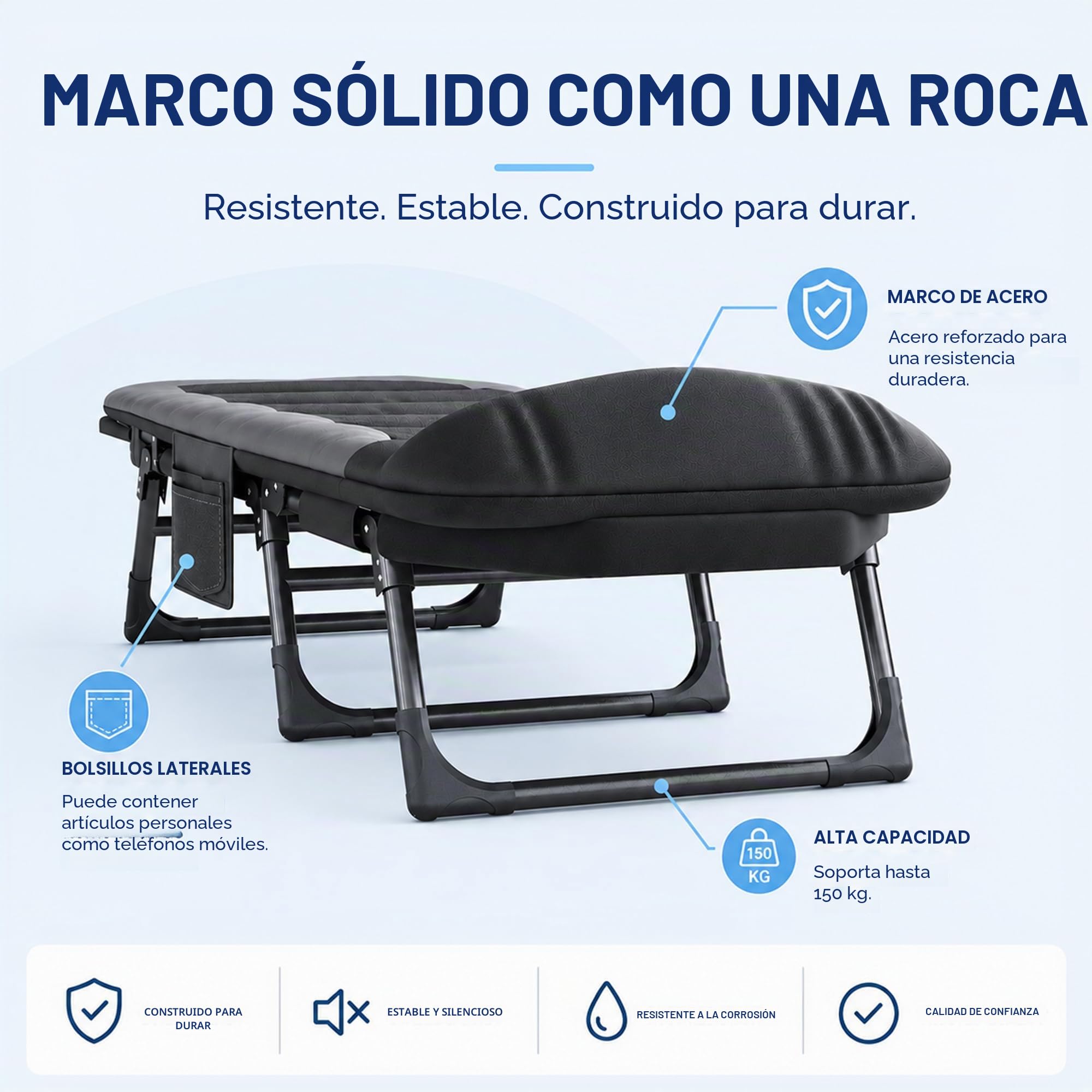 Cama de Camping Plegable XXL 150KG Cargable, 190 x 65 x 30 cm, Tumbona de Camping, Tela Oxford con Bolsillo Lateral, Cama Portatil con Bolsillo Lateral para Playa Exterior Viajes (Negro)