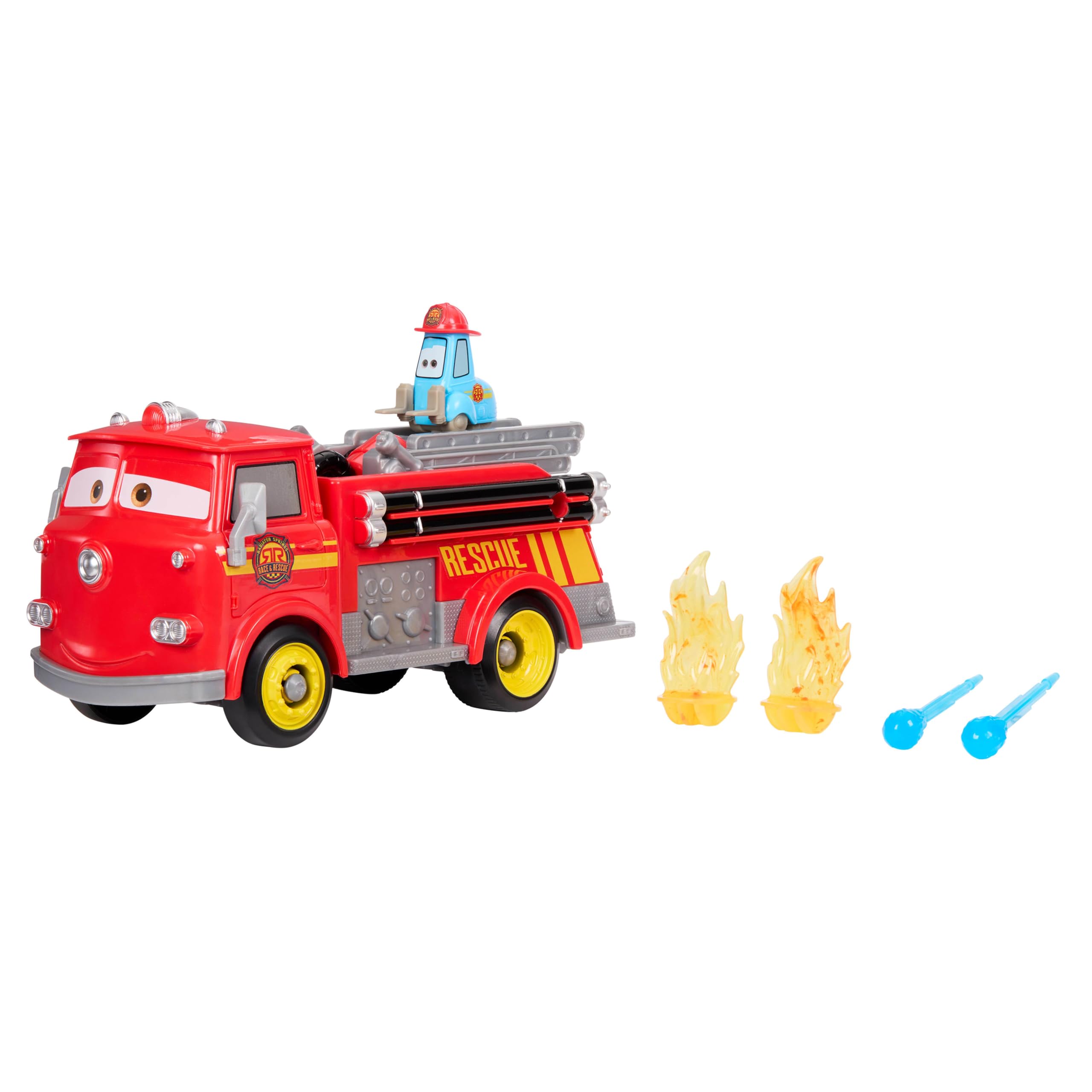 Mattel CARS - Sfreccia e Soccorri Red e Guido Pompieri, set con camion dei pompieri, 2 bersagli a forma di fiamma e 2 proiettili ad acqua inclusi, giocattolo per bambini, 3+ anni, JFL54