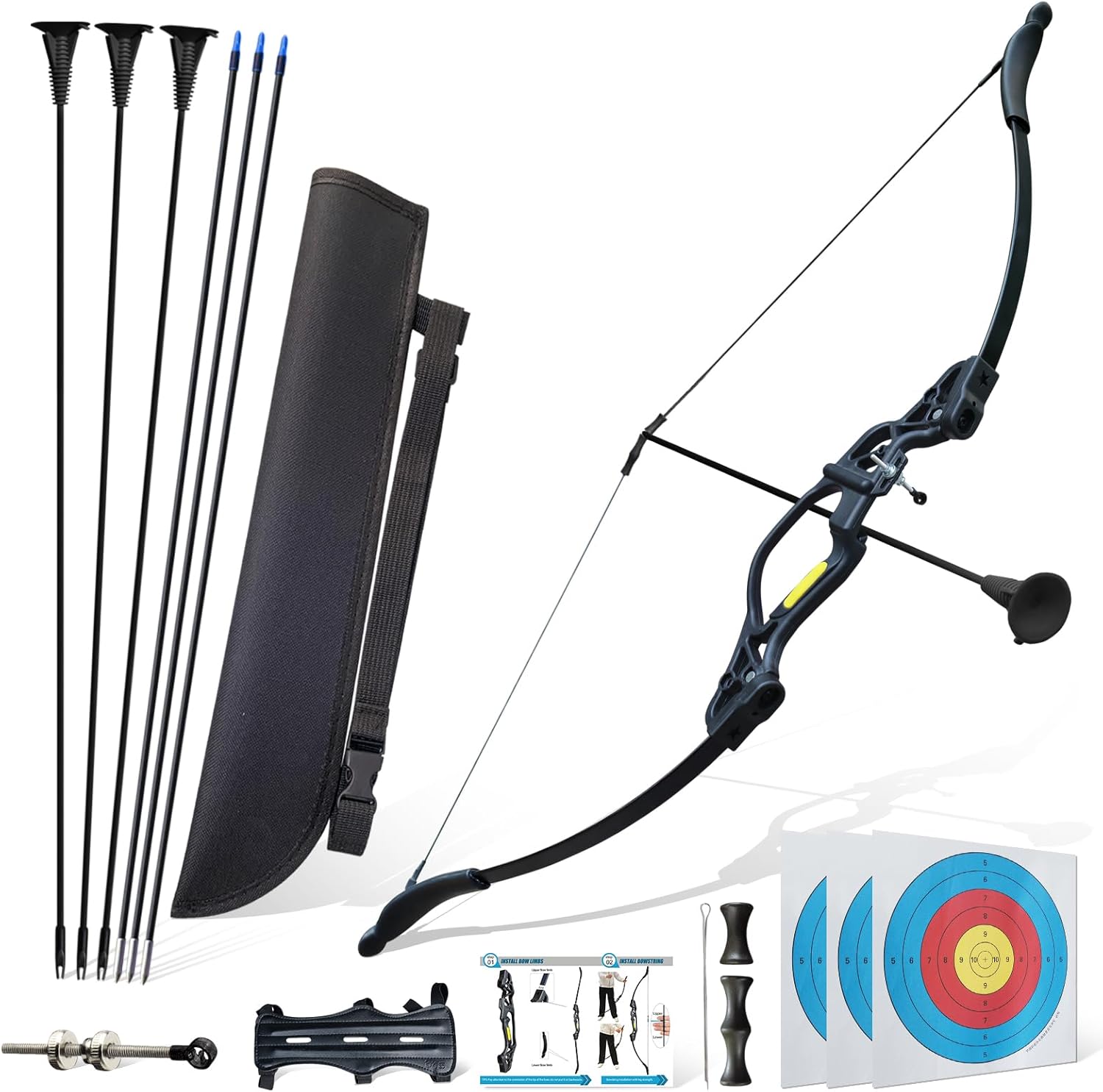Bow and Arrow Set for Teens Beginners Adults Archery Recurve Bow, Upgraded Arrow Rest, Soft Silicone Finger Guard, 18lbs Longbow Kit with 6X Arrows Backyard Games Gift for Outdoor black
