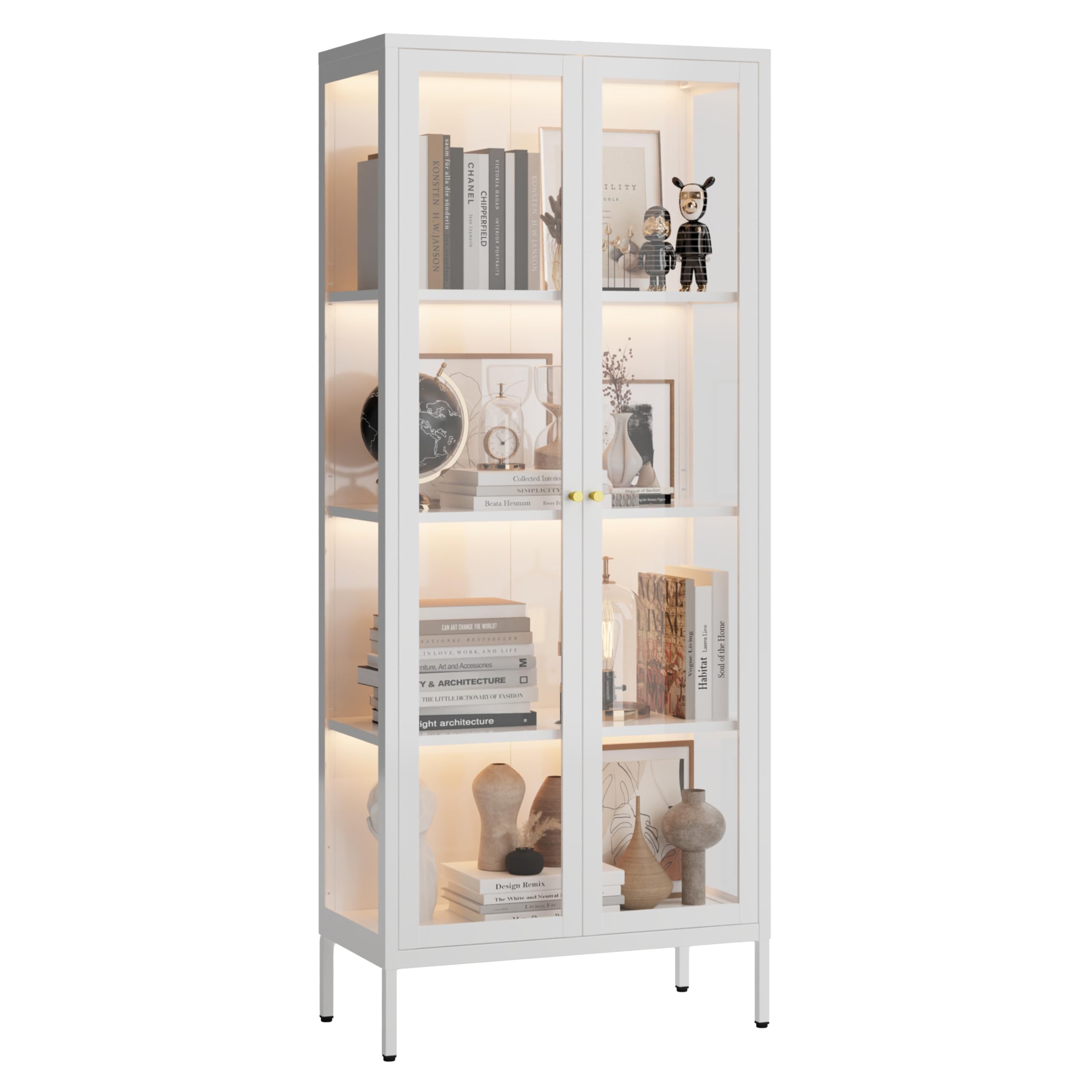 UNICOLY Display Cabinet with Glass Doors, Glass Display Cabinet with 3 Color LED Lights, Curio Display Cabinet with 3 Shelves for Living Room & Plant, Display Shelf, Assembly Required, White