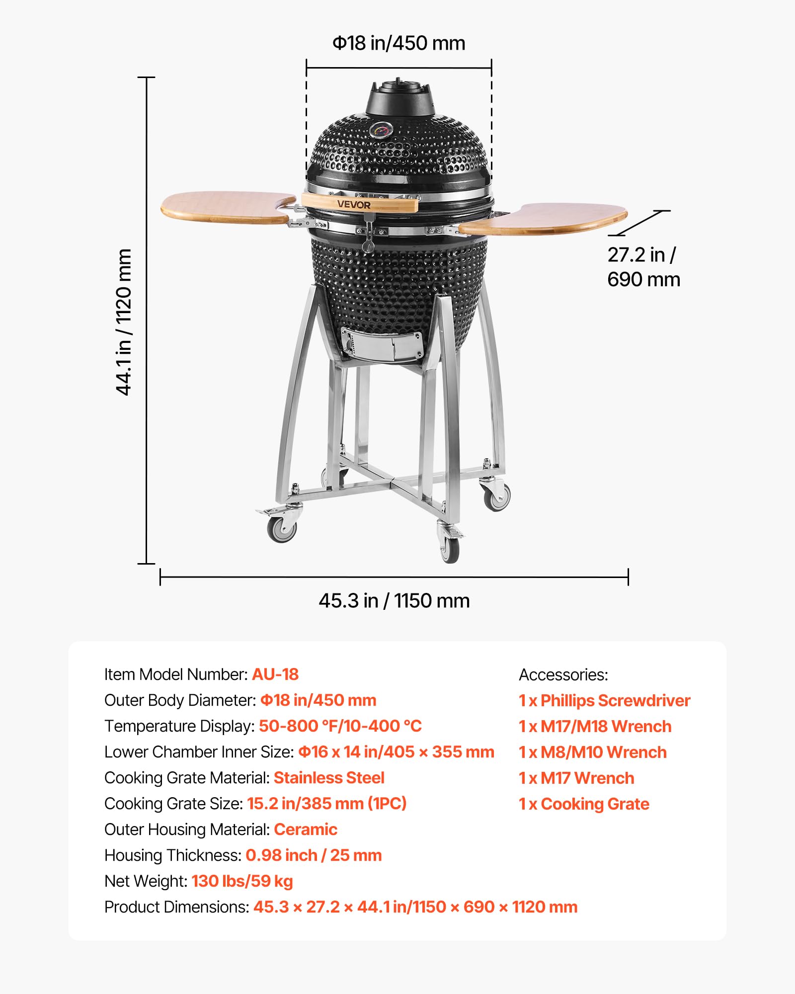 VEVOR Wędzarnia i grill na węgiel drzewny Kamado, 45 cm, ruchomy ceramiczny grill z 4 kółkami (2 zamykane), wbudowany termometr, otwory wentylacyjne i półka boczna do gotowania na zewnątrz na patio
