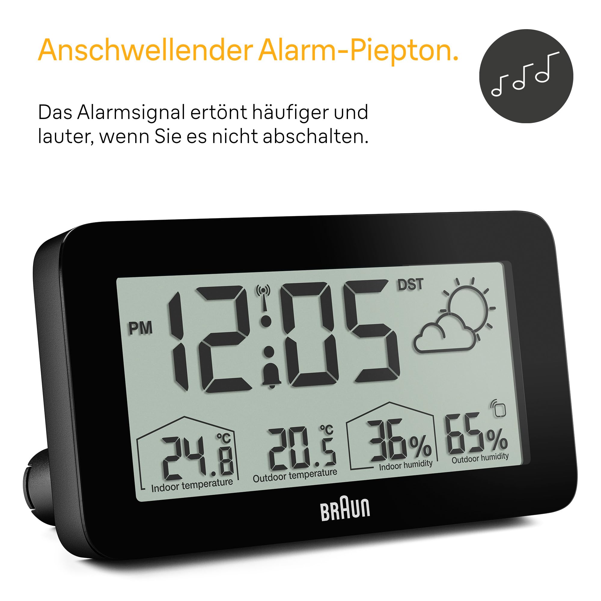 Braun Digitale Wetterstationsfunkuhr für die mitteleuropäische Zeitzone (DCF) mit Anzeige von Innen- und Außentemperatur, Luftfeuchtigkeit, Vorhersage, Alarm-Piepton in schwarz, Modell BC13BP-DCF.