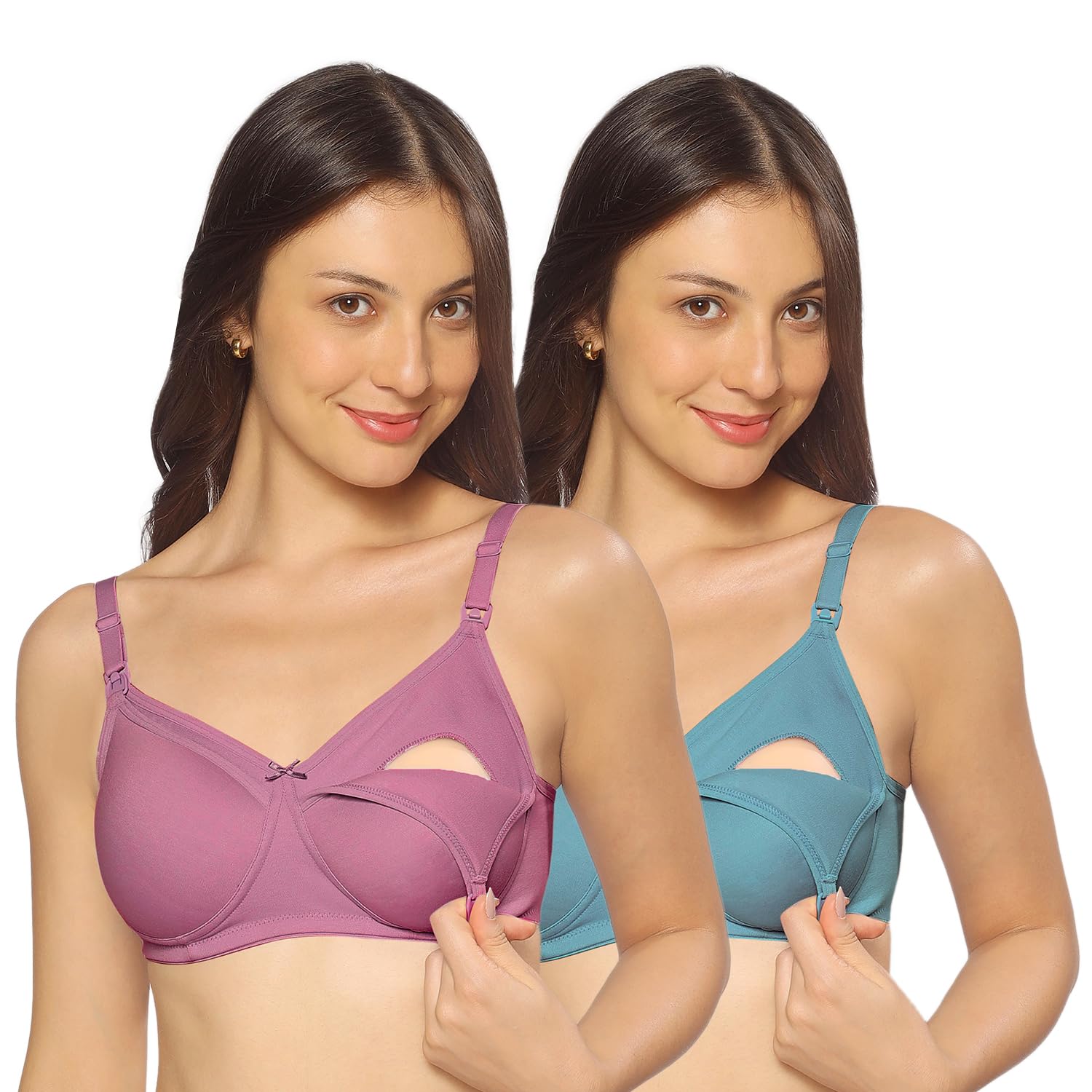 momtobe Women's Cotton Multicolor Full Cup Non-Padded Feeding Bra/Nursing Bra/Maternity Bra Combo - Pack of 2 (Rose Pink-Deep Teal)-picture-35