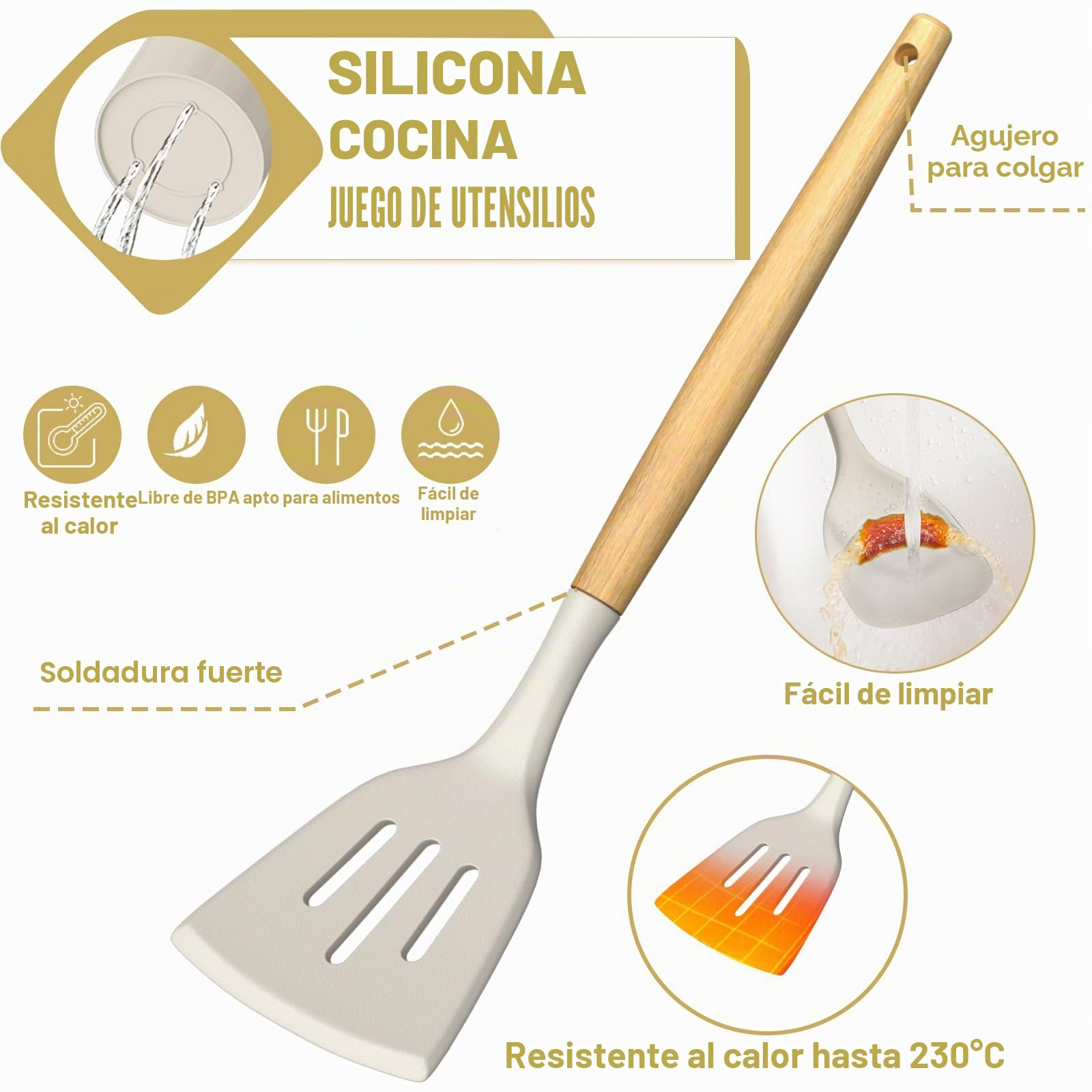 Terlulu Juego de utensilios de cocina, juego de 34 utensilios de cocina de silicona con mango de madera, juego de utensilios de silicona resistentes al calor, juego de pinzas y cuchara para utensilios