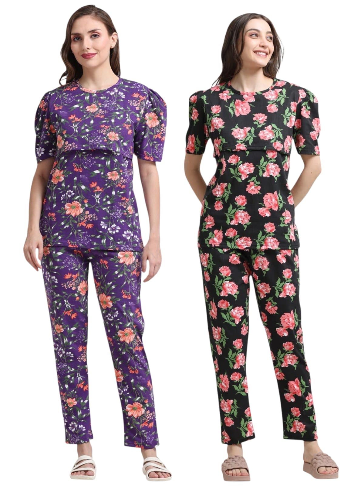 Women Maternity Zipless Feeding Pyjama Set Front Access Nightwear, Soft & Comfortable Fabric, Relaxed Fit Pyjama Set Multicolour-image-49