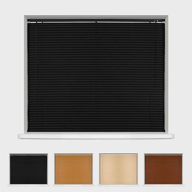 Caecus Wood Grain Effect PVC Venetian Blind - Easy Fit Home Office - 45cm Width x 150cm Drop - Black
