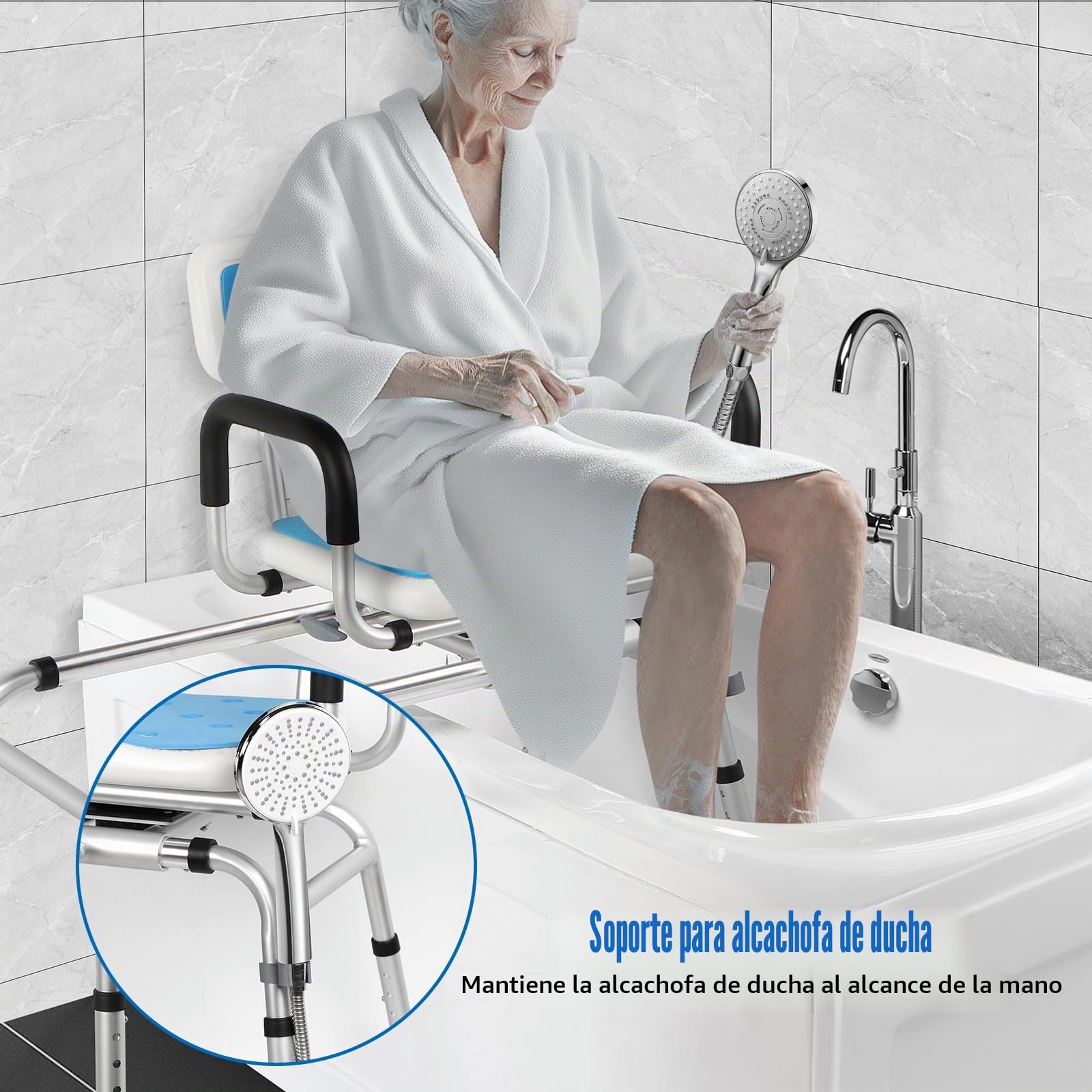 Taburete de ducha giratorio y deslizante 360° para personas mayores, taburete de ducha y banco de transferencia de bañera con asiento giratorio y función deslizante, altura ajustable, reposabrazos