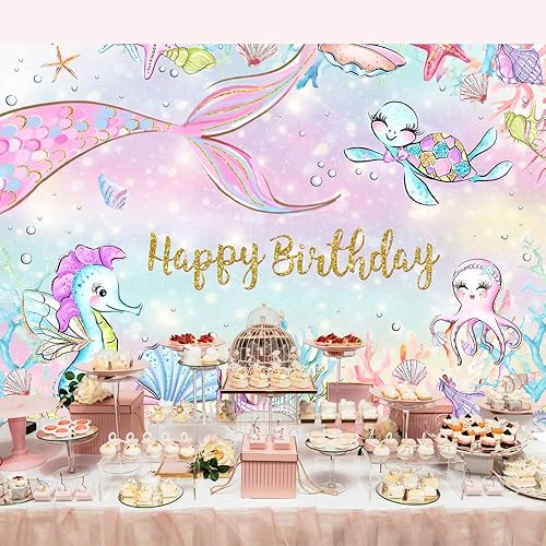 Miniatura 8 de Lofaris Telón de fondo de fotografía bajo el mar de 5 x 3 pies para niñas, sirenita, fiesta de cumpleaños, hipocampo, concha, tortuga, fondo coral,
