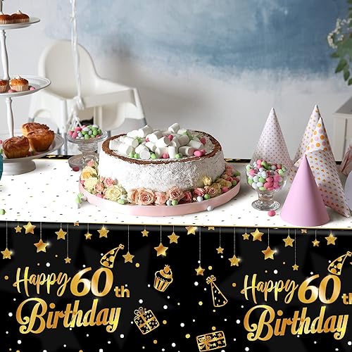 Miniatura 5 de Ruisita Paquete de 2 manteles rectangulares para fiestas de cumpleaños 60 en interiores o exteriores, color negro y dorado