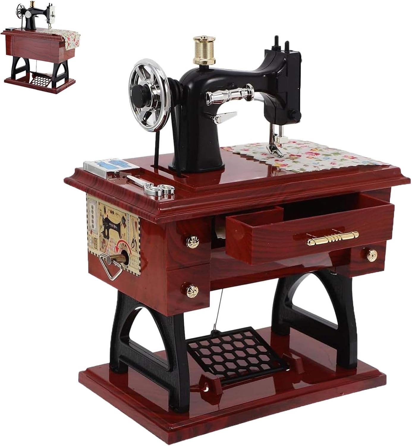 Vintage Sewing Machine Music Box, Retro Classical Hand Cranked Treadle Sewing Machine Table Desk Mechanical for Birthday Gift, Home Office Decoration