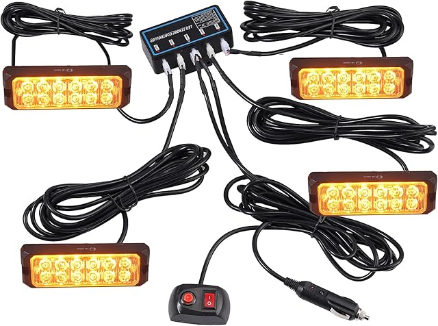 Justech 12LEDs Car Strobe Flash Lights Hazard Warning Beacon Emergency Flashing Lights 8 Modes IP68 Waterproof with Main Control Box Universal for 12V 24V Car Vehicle Truck Trailer Caravan Camper Van