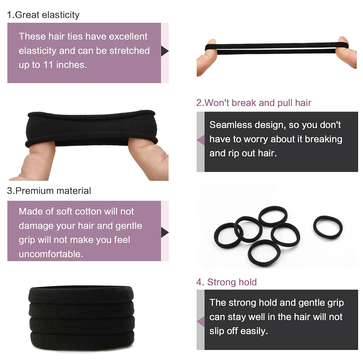 SYGY 100 PCS Black Hair Ties for Women, Cotton Seamless Thick Hair Bands, No Crease No Damage for Thick/Thin Hair, Soft Elastic Hair Ties Ponytail Holders Hair Accessories : Beauty & Personal Care