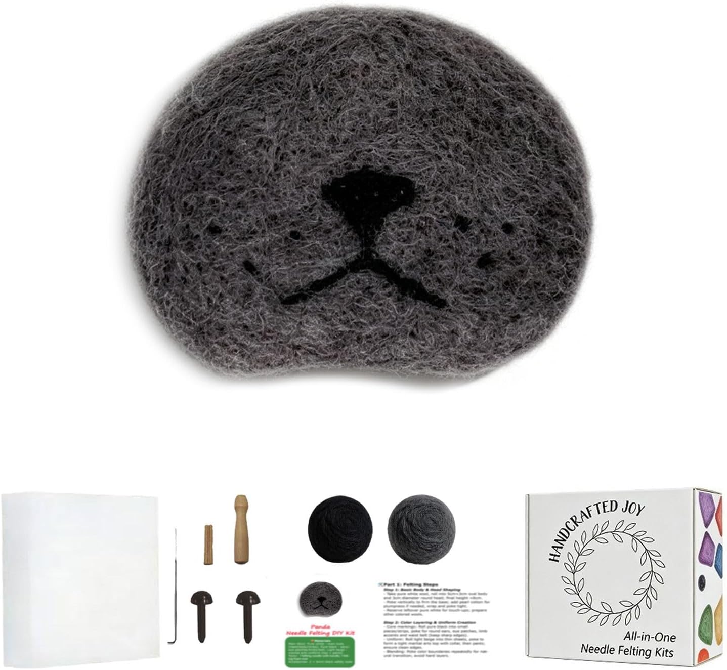 DIY Needle Felting Kit Cute Round Cat Face Dark Charcoal Gray – Needle Felting Starter Kit with Fiber Roving, Needles & Instructions | Felted Cat Decorative Sculpture Kit for Beginners Adults