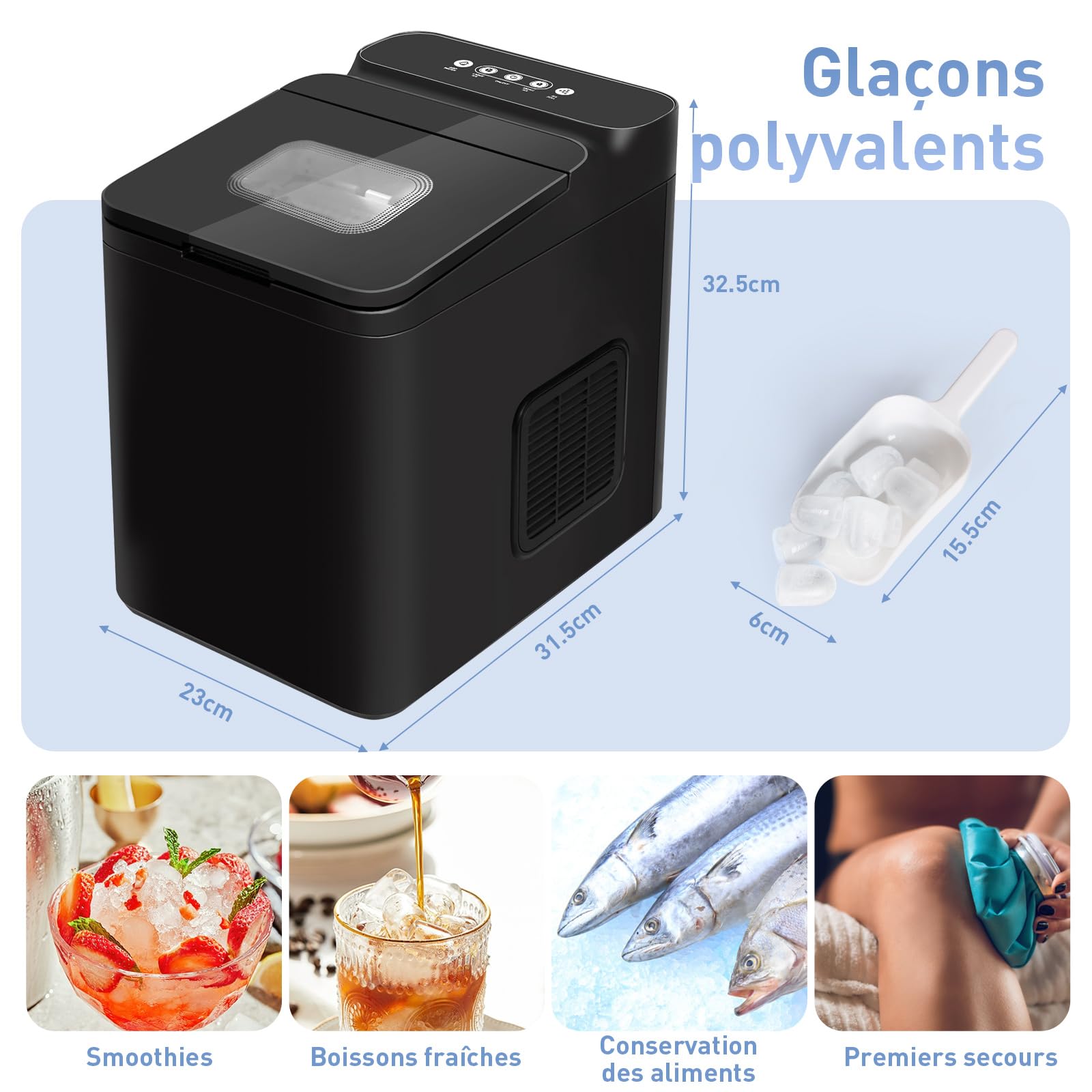 Todeco Machine à Glaçons pour la Maison, Capacité de 1,5L, 2 tailles de glaçons, 12kg en 24h, 9 Glaçons en 6-10 Minutes, Autonettoyant Machine à Glaçons, pour la Maison, la Cuisine et les Fêtes