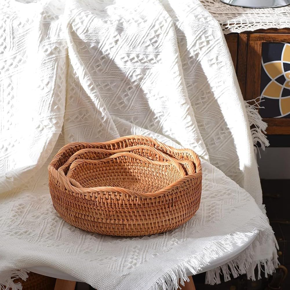 Muxcksa 籐製ブレッドバスケット 丸型編みフルーツボウル キーホルダー 積み重ね可能 収納 スナック フルーツ 野菜 ナチュラ