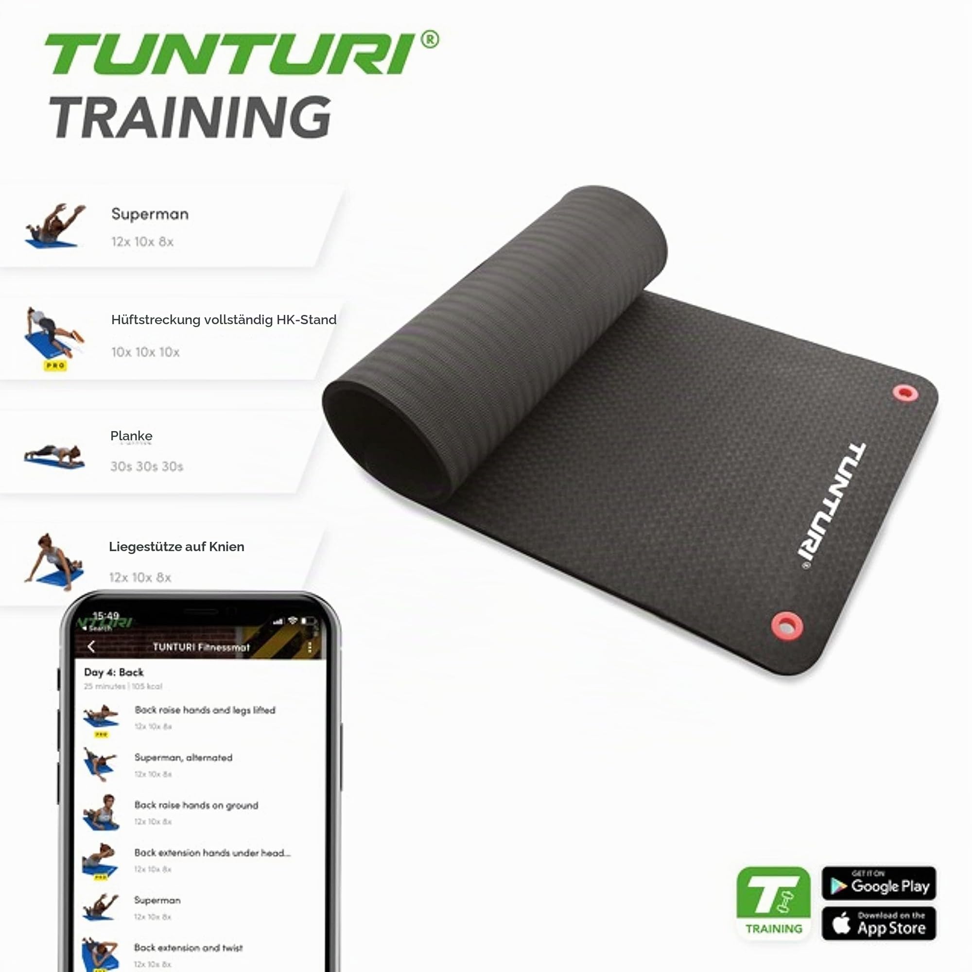 Tunturi Gymnastikmatte, extra dicke Fitnessmatte 1,5 cm, 180 cm, schwarz, Yogamatte zum Aufhängen