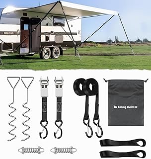 RV Awning Tie Down Kit for Wind-Proof - WanDwel Heavy Duty Camper Anchors Canopy Support Part with Shock Absorbing Spring & 13ft Ratchet Straps for Outdoor Travel Trailer Accessories Set