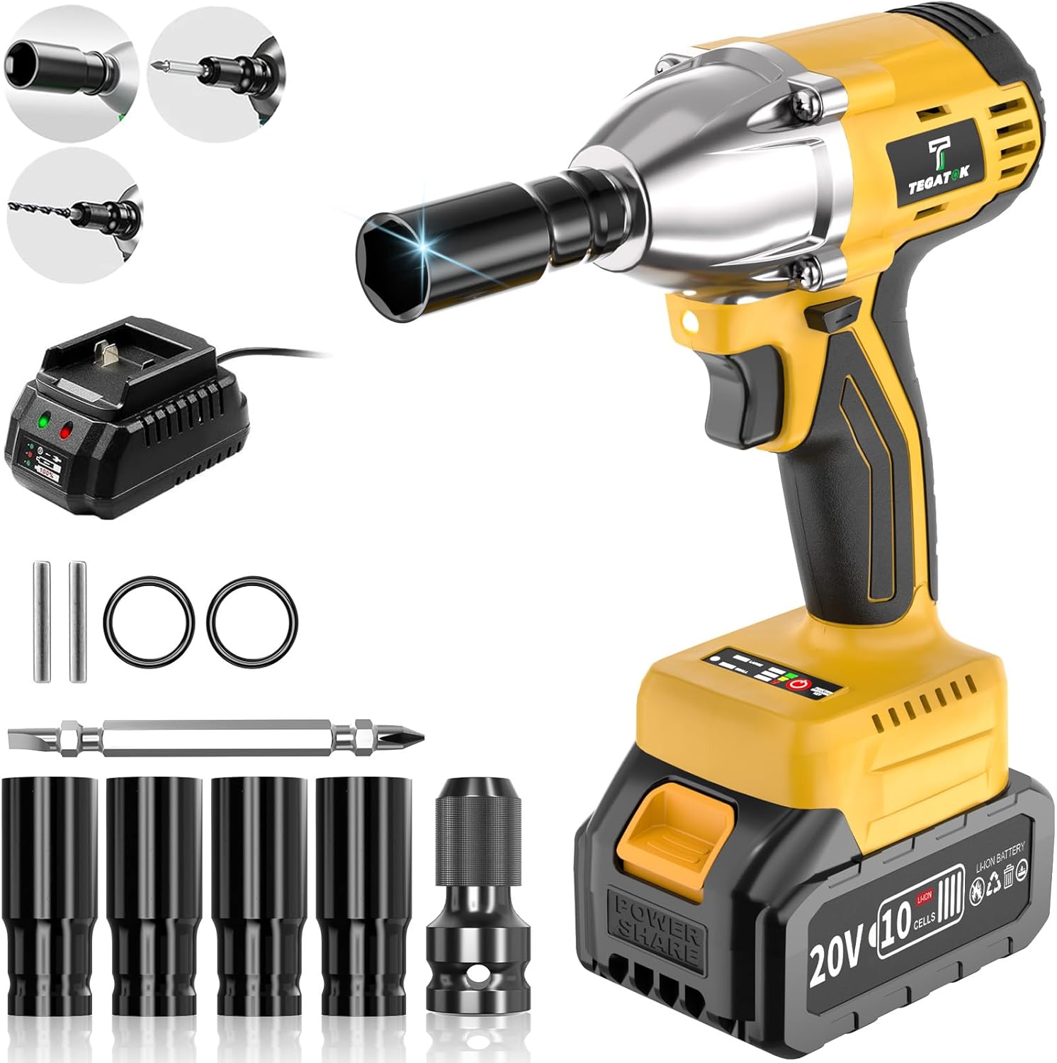 Cordless Impact Wrench, 1/2" Max Torque 500N.m Power Impact Gun, 20V 2500RPM Electric Impact Driver, 7*Impact Sockets, High-torque Impact Spanners for Automotive and Domestic Use