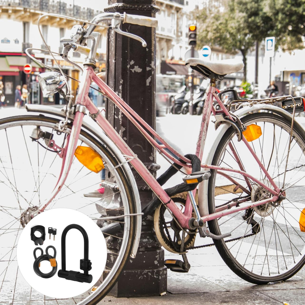 Antivol Vélo en U avec Câble Acier, Serrure à Clé Noire | Acier et Pvc, Format Voyage, Usage Cyclisme Extérieur, Système de Verrouillage Double, Protection du Cadre