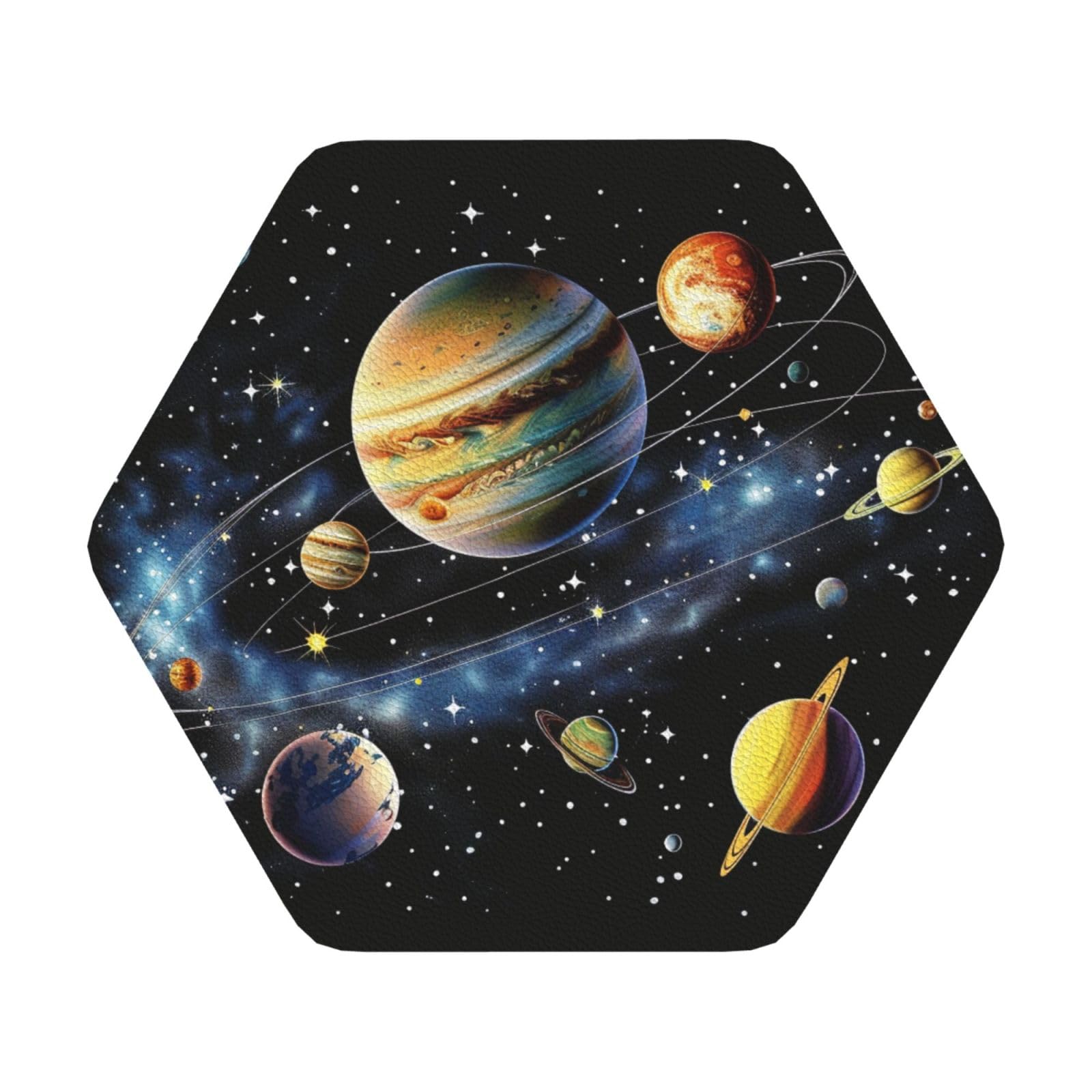 Planets Stars and Galaxy Print Leather Coaster Set of 6, Hexagon Coasters Table Decorative Coffee Cup Beverage Coasters Wine Beer Bar Coasters for Hot Drinks Table Protection