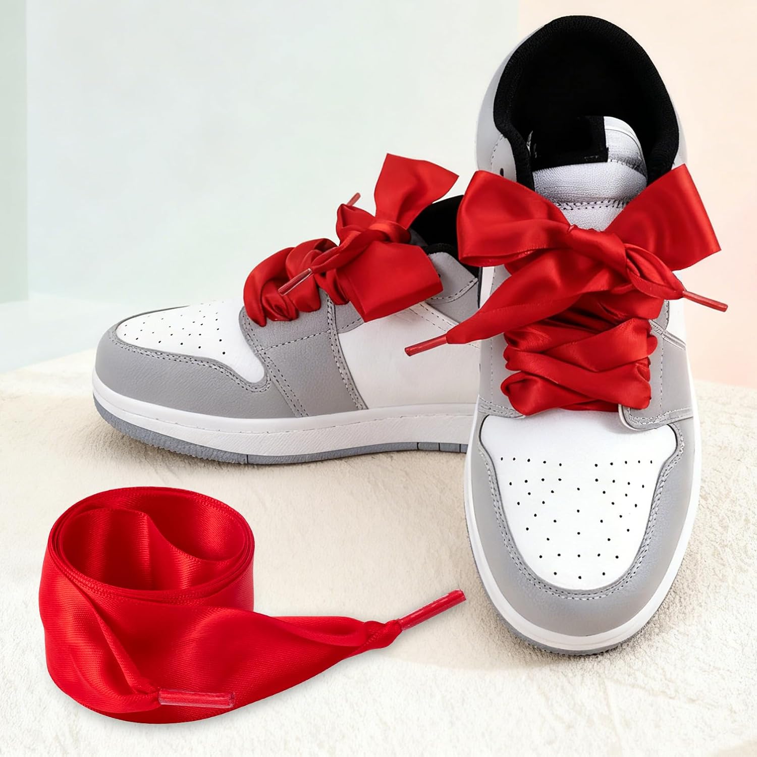 2pcs Satin Ribbon Shoe Laces for Women, 3.8 cm Wide 47" Flat Satin Silk Shoelaces, Glossy Fashionable Shoestrings for Sneakers, Christmas, Parites - Red, 1 pair
