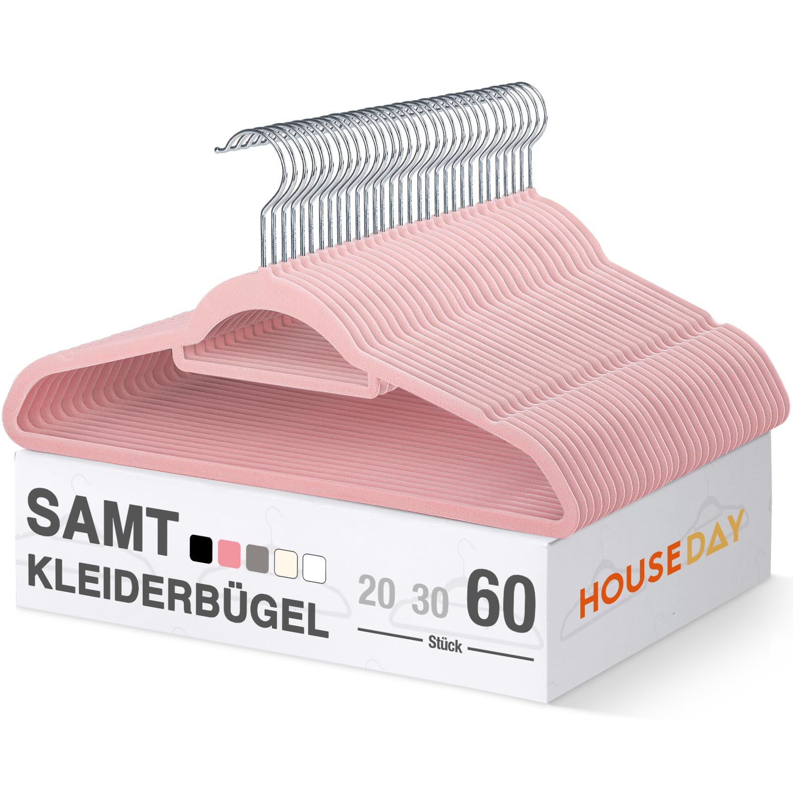 HOUSE DAY Kleiderbügel Samt, 60er Set, Premium Bügel, Rosa