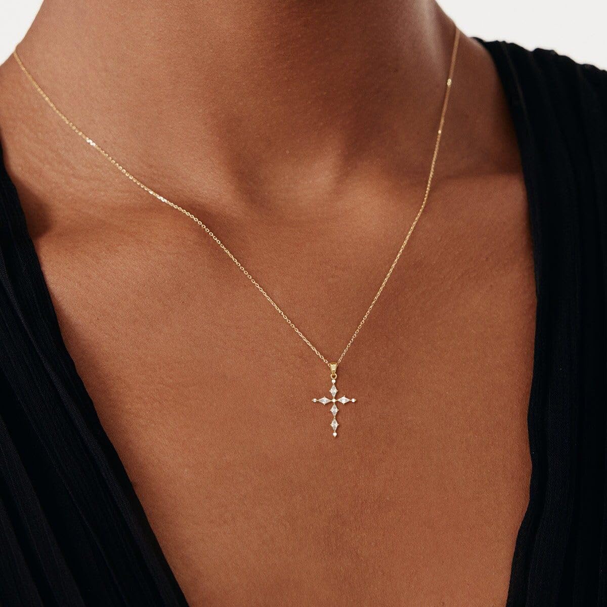 Cross Necklace for Women 14K Real Gold/Silver Plated Dainty Small CZ Cross Pendant Simple Choker Necklace Trendy Cute Sideways Cross Box Chain Necklace Easter Christian Baptism Religious Faith Jewelry Gift - Image 2