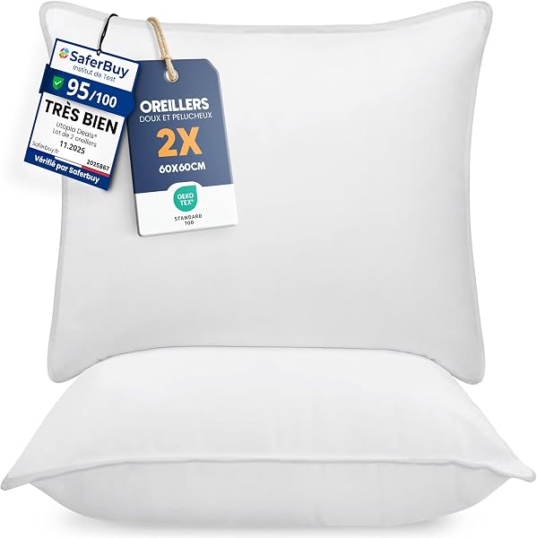 Utopia Bedding Pillow (Lot de 2), 60 x 60 cm, Oreiller de Sommeil, Coussin Respirant et Doux (Blanc) - 1