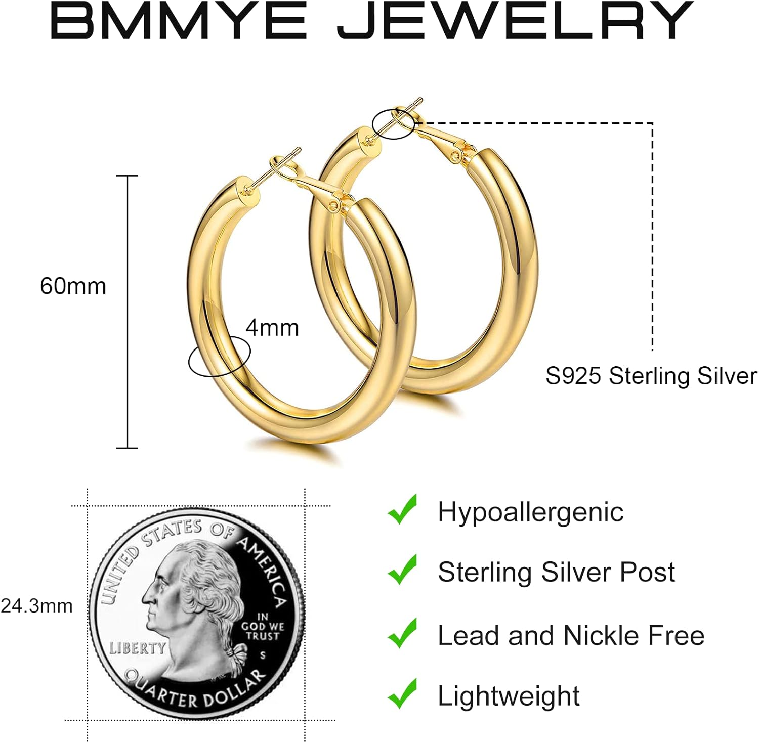 BMMYE 925 Sterling Silver Post Chunky Gold Hoop Earrings, 14K Gold Plated Earrings for Women Lightweight Hollow Tube 25mm-70mm - Image 4