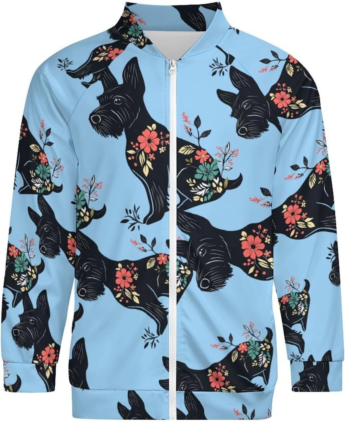 Scottish Terrier Floral Men's Zip Up Sweatshirt Casual Sweater Jackets Long Sleeve Tops Lightweight Coat