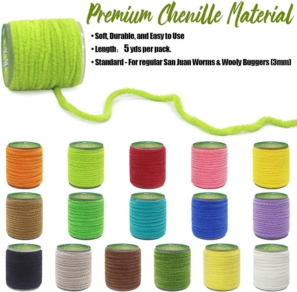 Chenille Fly Tying Materials 16-Color Kit Fly Tying Supplies for Crappie Jigs, Wooly Buggers, Streamers