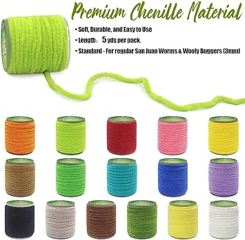 Chenille Fly Tying Materials 16-Color Kit Fly Tying Supplies for Crappie Jigs, Wooly Buggers, Streamers