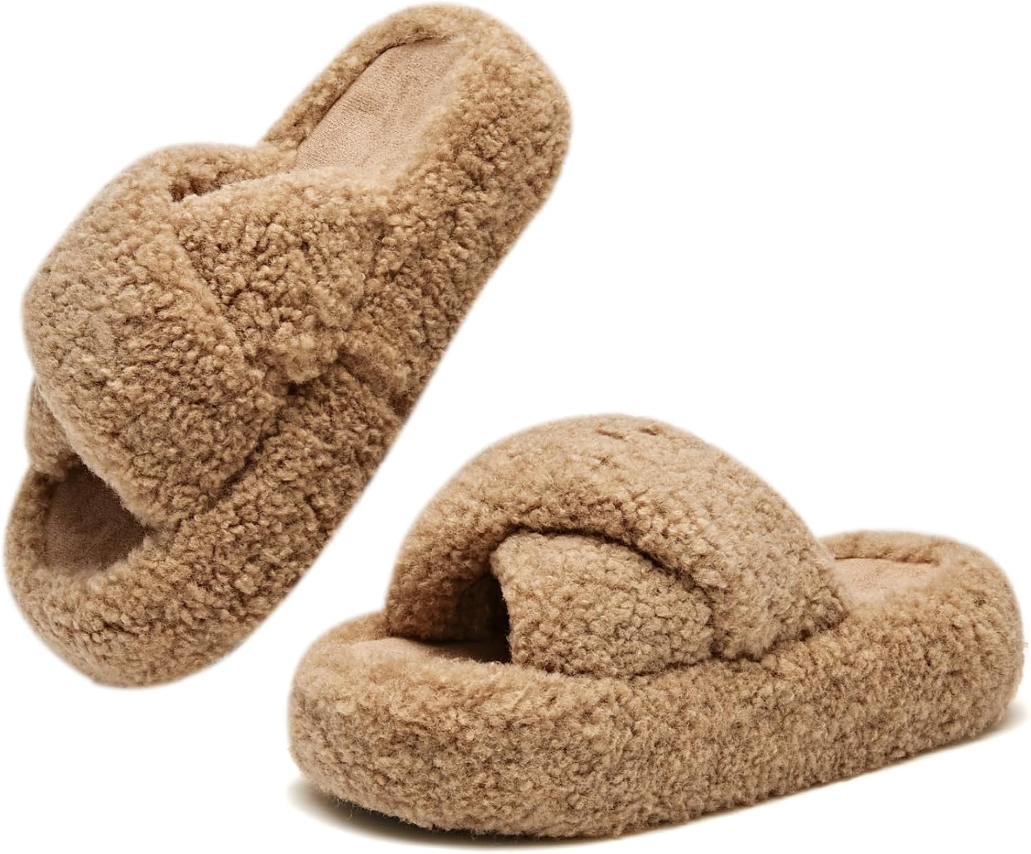 Cute Fuzzy Cross Band Slippers for Women Thick Sole Warm Winter Indoor House Shoes Cozy Soft Fluffy Platform Footwear Lightweight Non Slip Comfortable Bedroom Floor Comfy Home Style