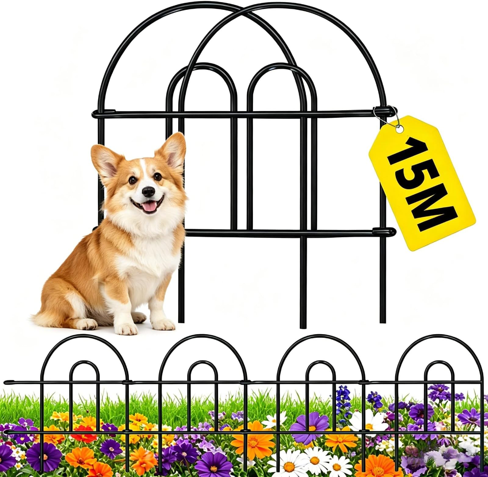 Amagabeli Garden Fence Pre-Linking Decorative Metal Fencing 46cm(H) x 43cm(L) (35 Panels, Total Length 15.3m), Dog Fence Panels Outdoor Animal Barrier for Flower Bed Yard Patio, Black