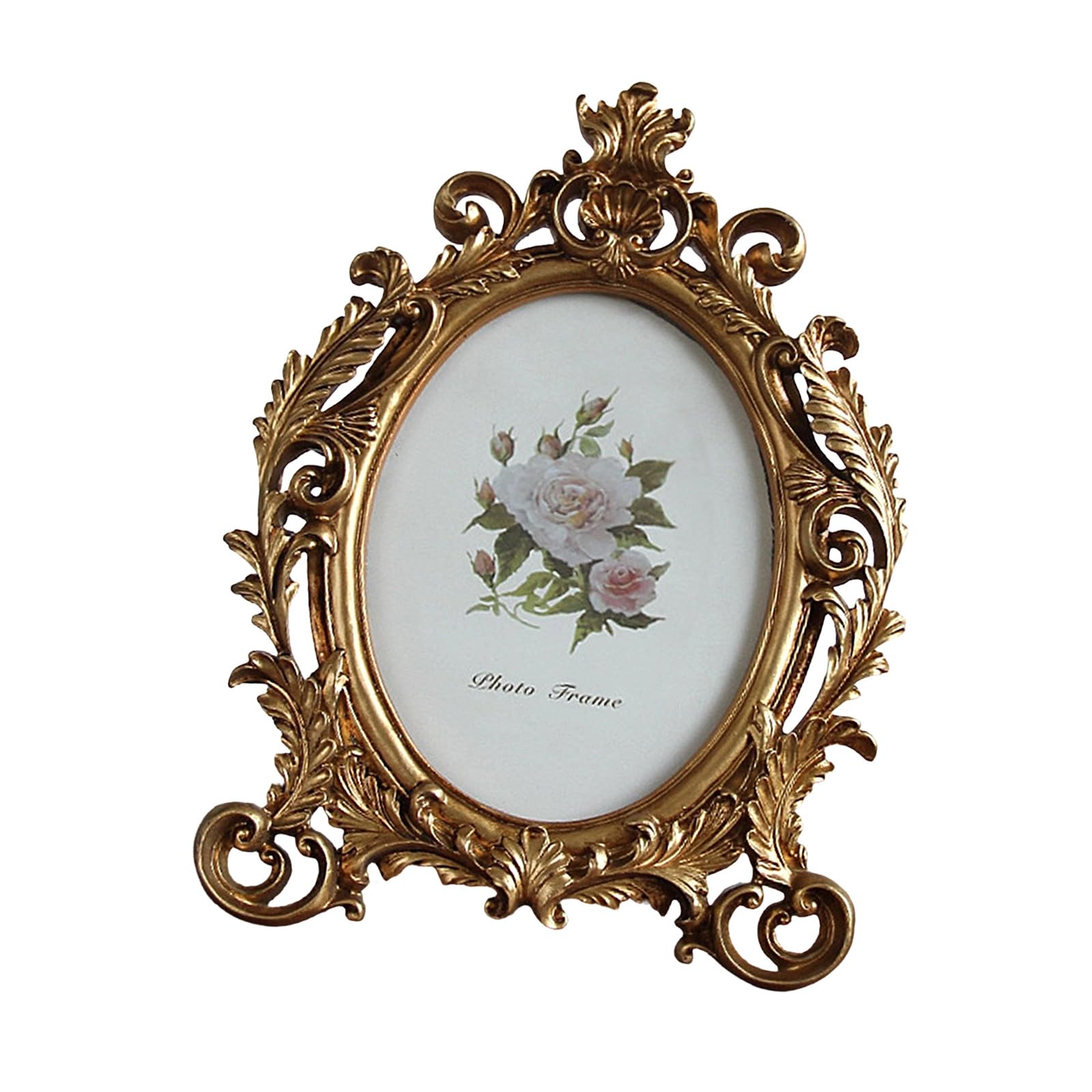 Oval Antique Resin Photo Frame Golden Flowers Desktop Picture for Classical Home Decors and Display Traditional Photo Display