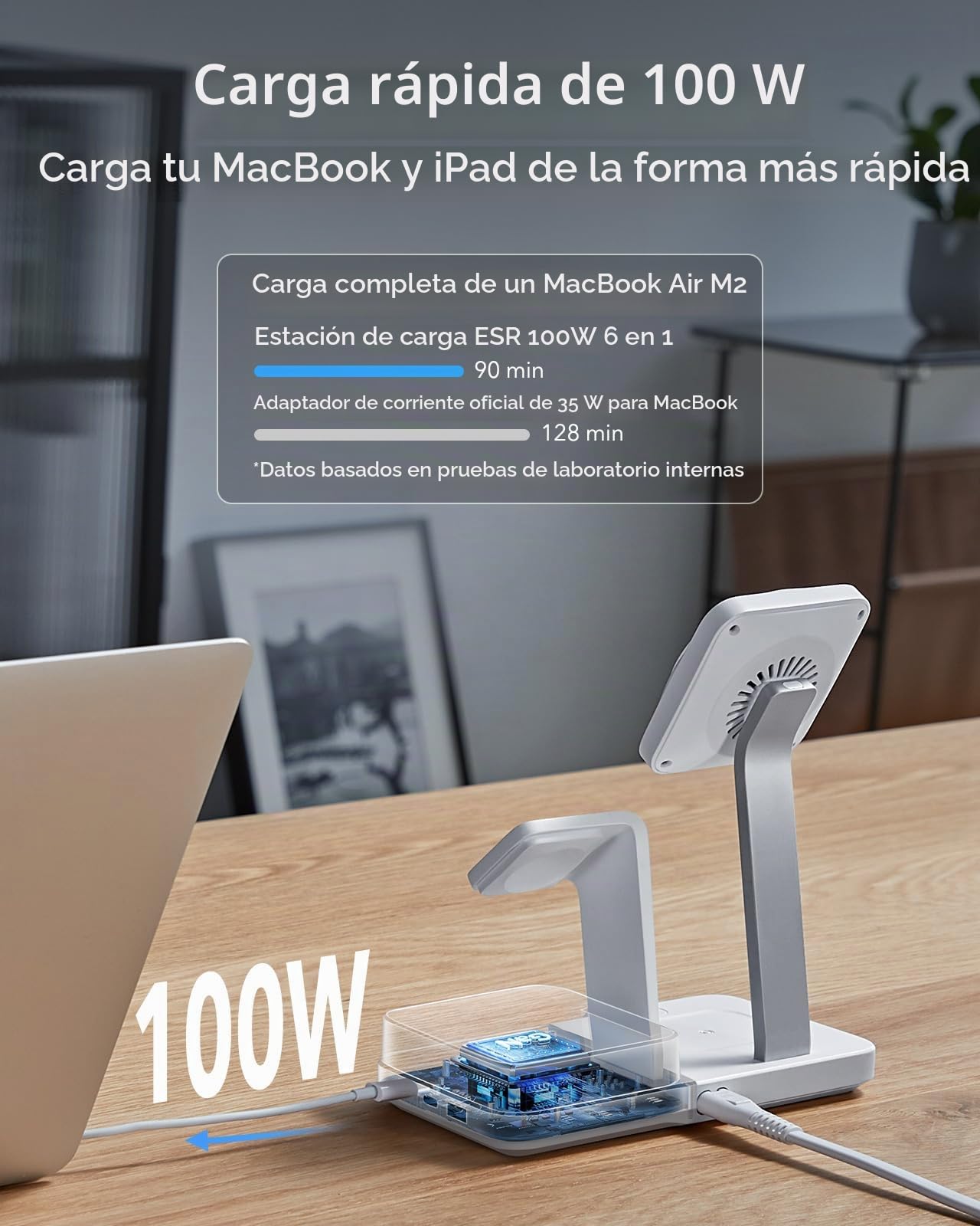 ESR Estación de Carga GAN 6en1 100 W + CryoBoost, Compatible Soporte de Cargador MagSafe, Cargador Inalámbrico Magnético iPhone 15/14/13/1