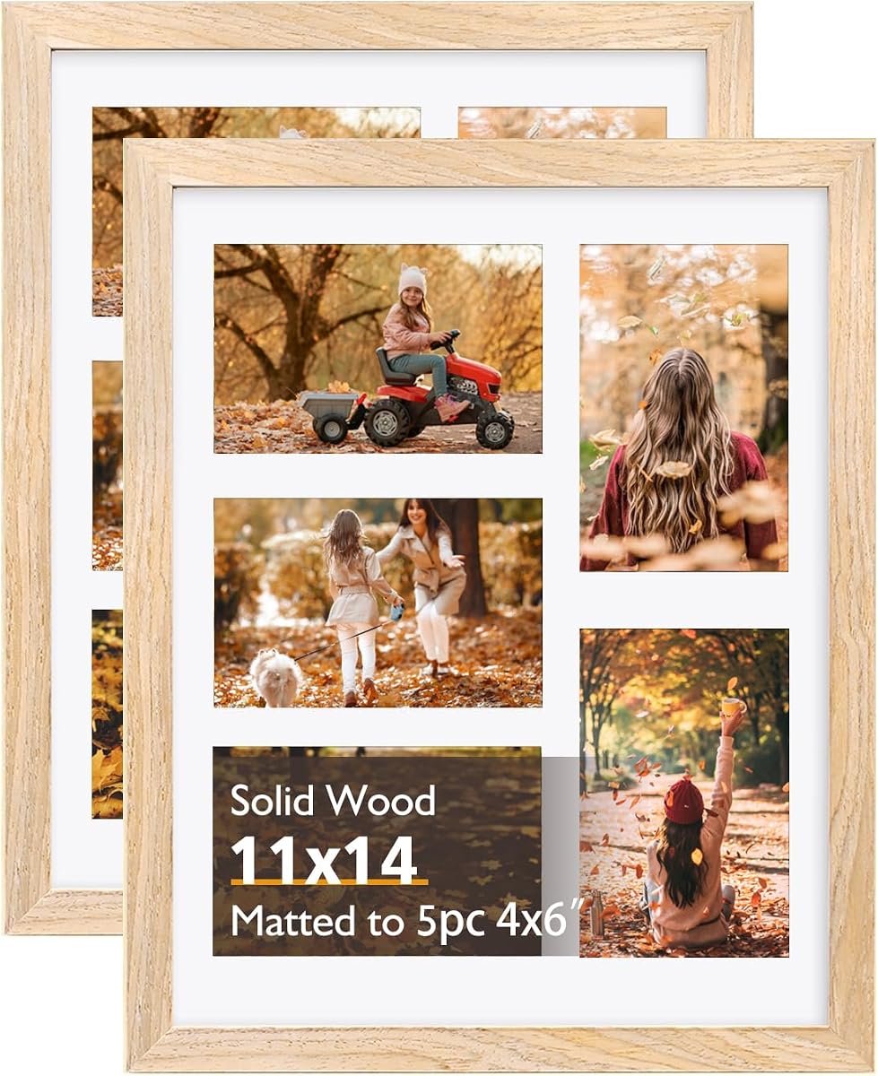 KINKINK 2 Pack 11x14 Collage Picture Frame Solid Wood Natural Frames | Photo Frame with Acrylic Plexiglass for Pictures, 5pcs 4x6 Pictures with Mat or 11x14 without Mat for Wall Display