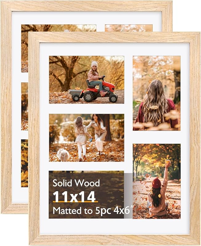 KINKINK 2 Pack 11x14 Collage Picture Frame Solid Wood Natural Frames | Photo Frame with Acrylic Plexiglass for Pictures, 5pcs 4x6 Pictures with Mat or 11x14 without Mat for Wall Display