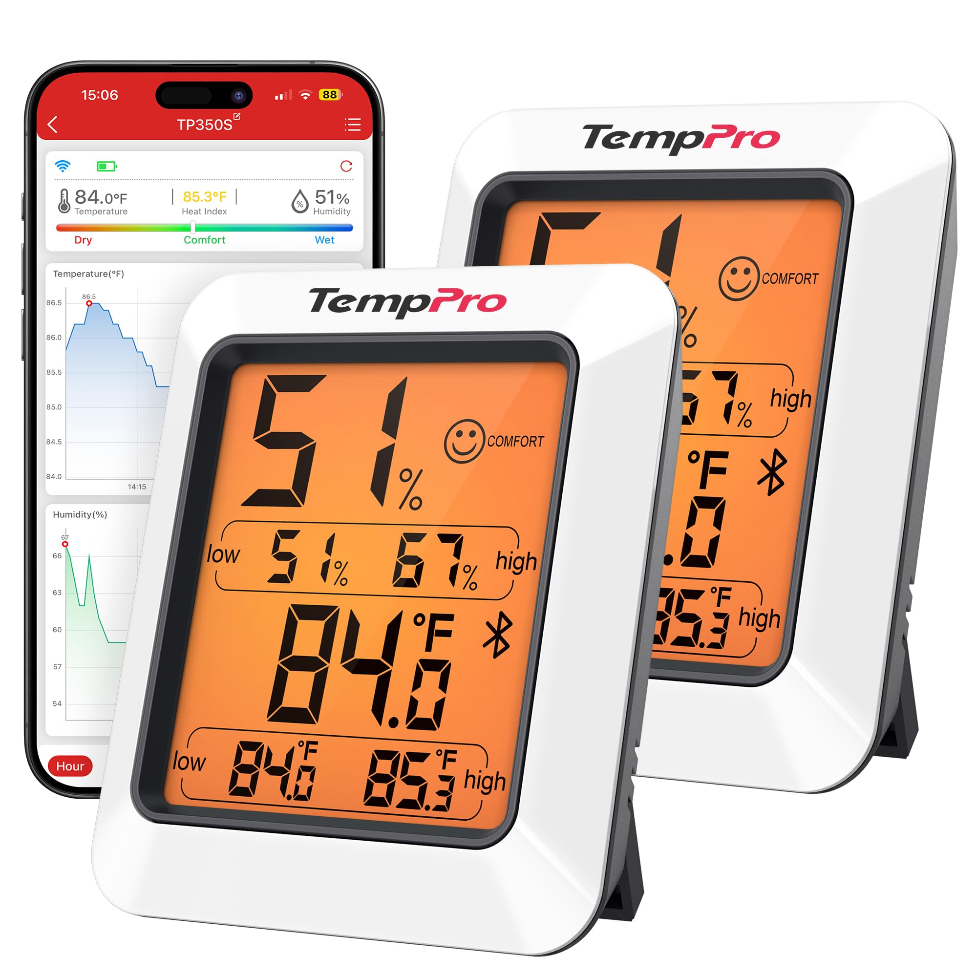 ThermoPro Hygrometer Thermometer for House TP350, Bluetooth Room Indoor Greenhouse Thermometer Monitor Up to 260FT, Backlit Humidity Meter Temperature Sensor with 2-Year Data Export, 2 Pack