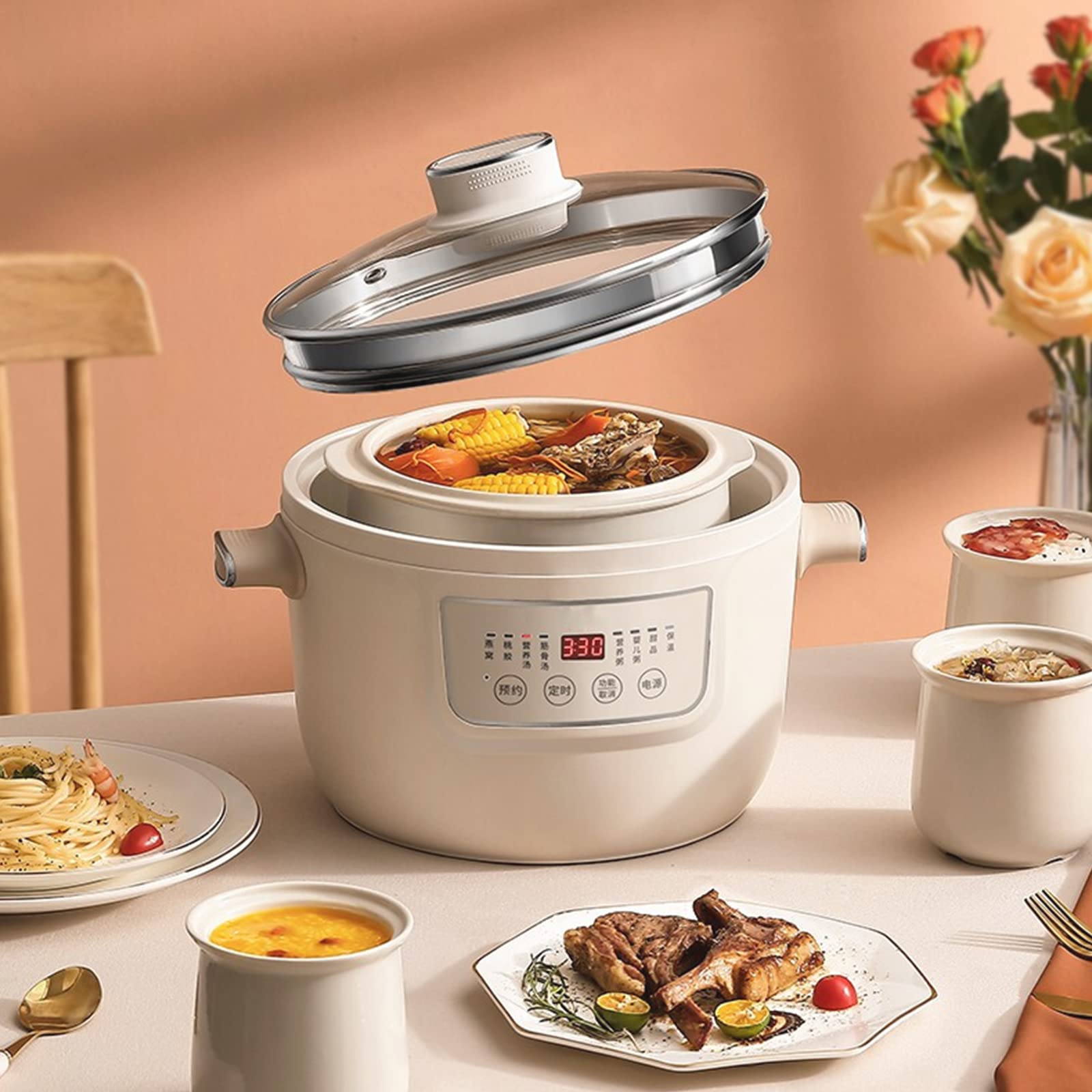 Olla cocción Lenta Digital 3 l con Revestimiento cerámica, Olla eléctrica para guisos, Olla cocción múltiple con Temporizador Inicio retardado y Apagado automático para cenas Familiares en lotes 3
