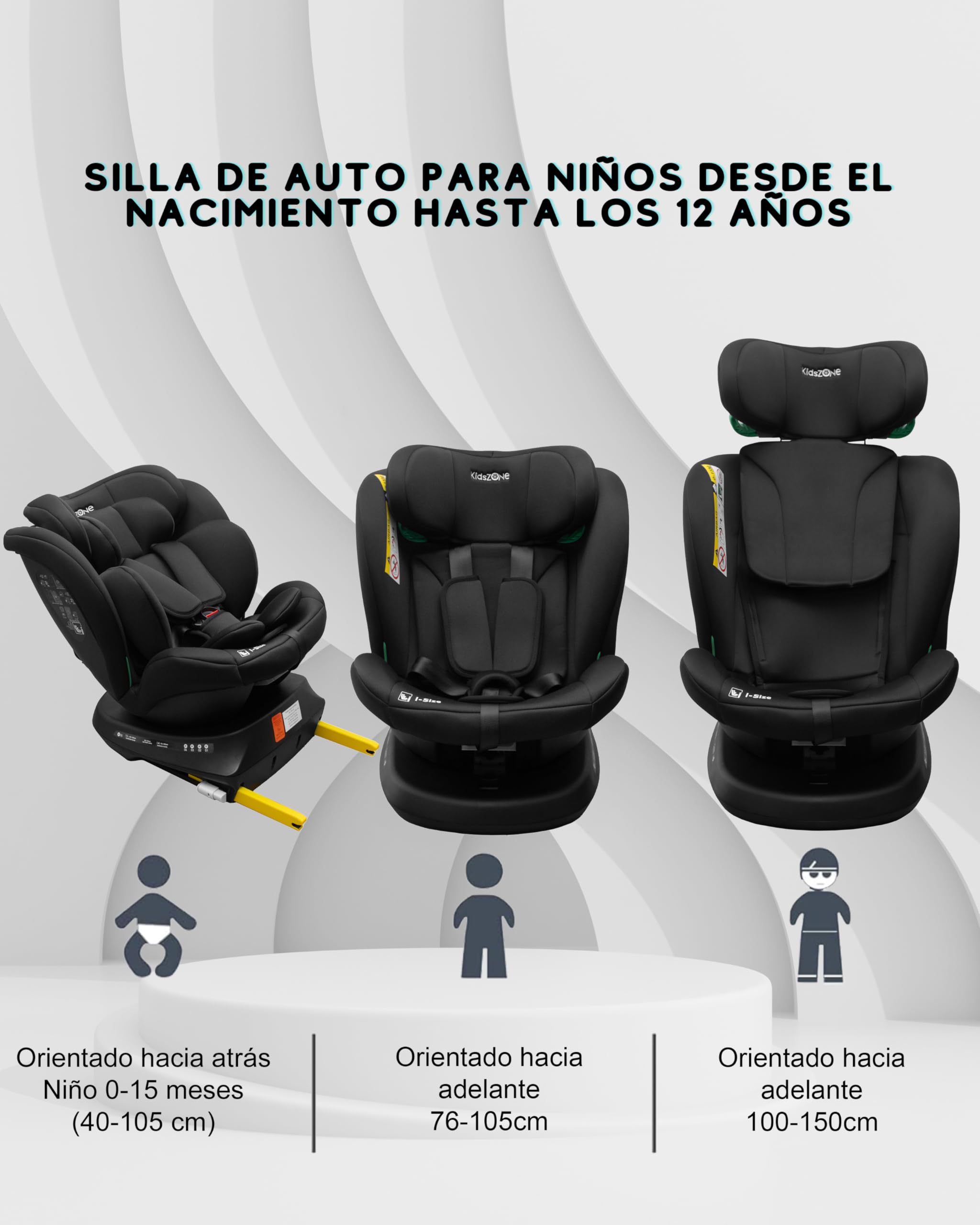 KidsZone Silla de Coche Isofix Giratoria 360° - Silla Coche Bebe Grupo 0+/1/2/3 0-36kg, 0-12 años, 40-150 cm - Reclinable, Ajuste de Altura – i-Size ECE R129, Negro
