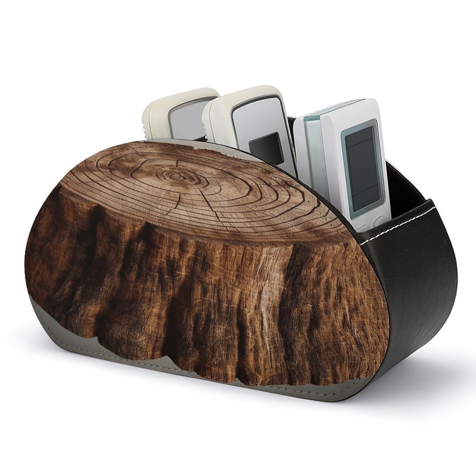 VstaDank Stump of Oak Tree Remote Control Holder Farmhouse TV Media Remote Storage Box with 5 Compartments PU Leather Remote Caddy Desktop Organizer for Home Bedside Table Organizer