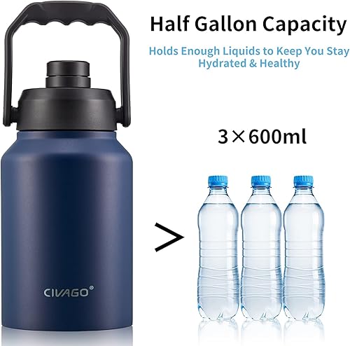 Miniatura 4 de CIVAGO Botella de agua aislada de medio galón, frasco de agua deportivo de acero inoxidable de 64 onzas, taza térmica grande con soporte para bolsa