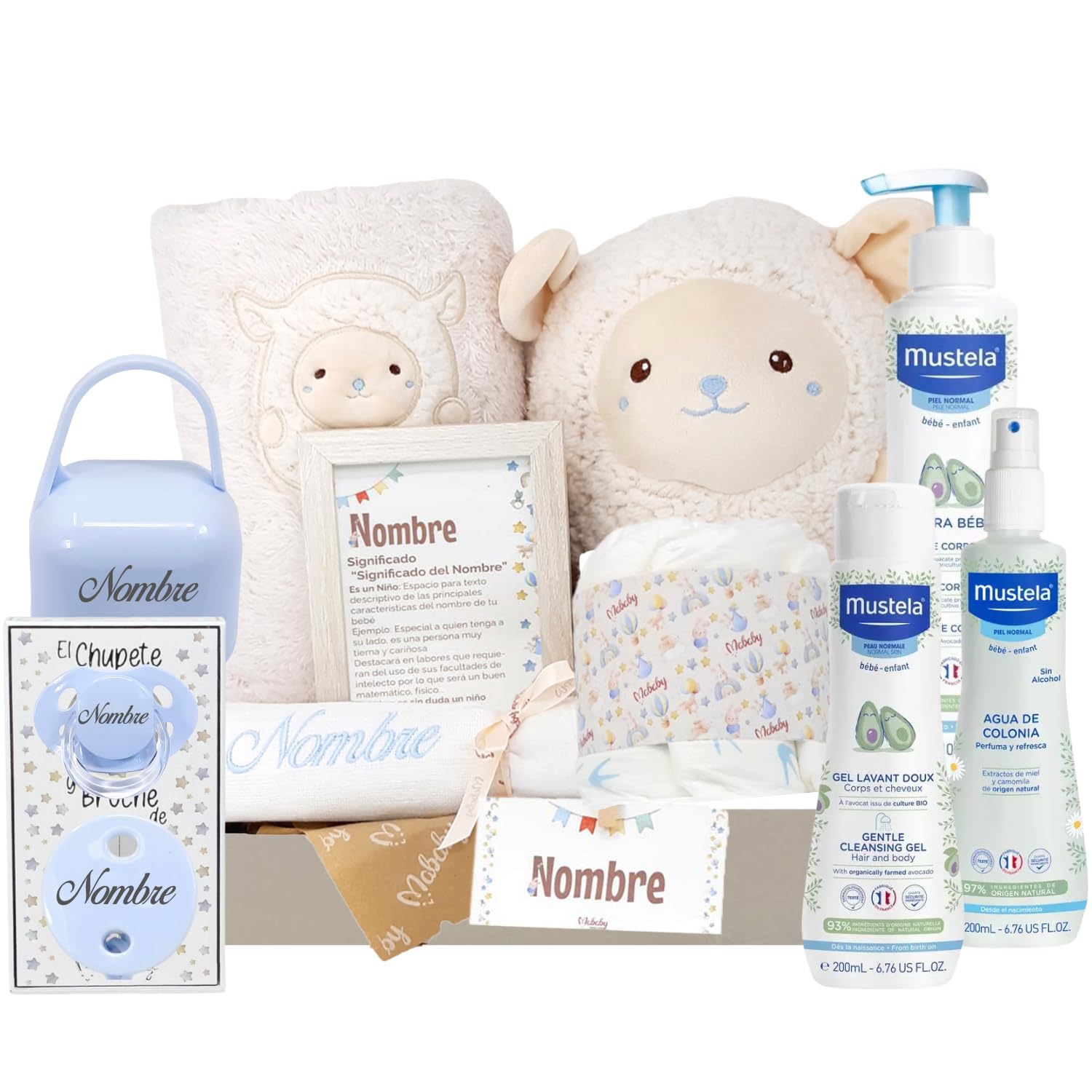 Cesta Regalo Bebé Personalizada Happy Ovejita Deluxe con Peluche, Manta Suave, Set de Higiene, Gasa Bordada, Chupete con Nombre, Cadena, Guardachupete y Marco (Ovejita Azul)