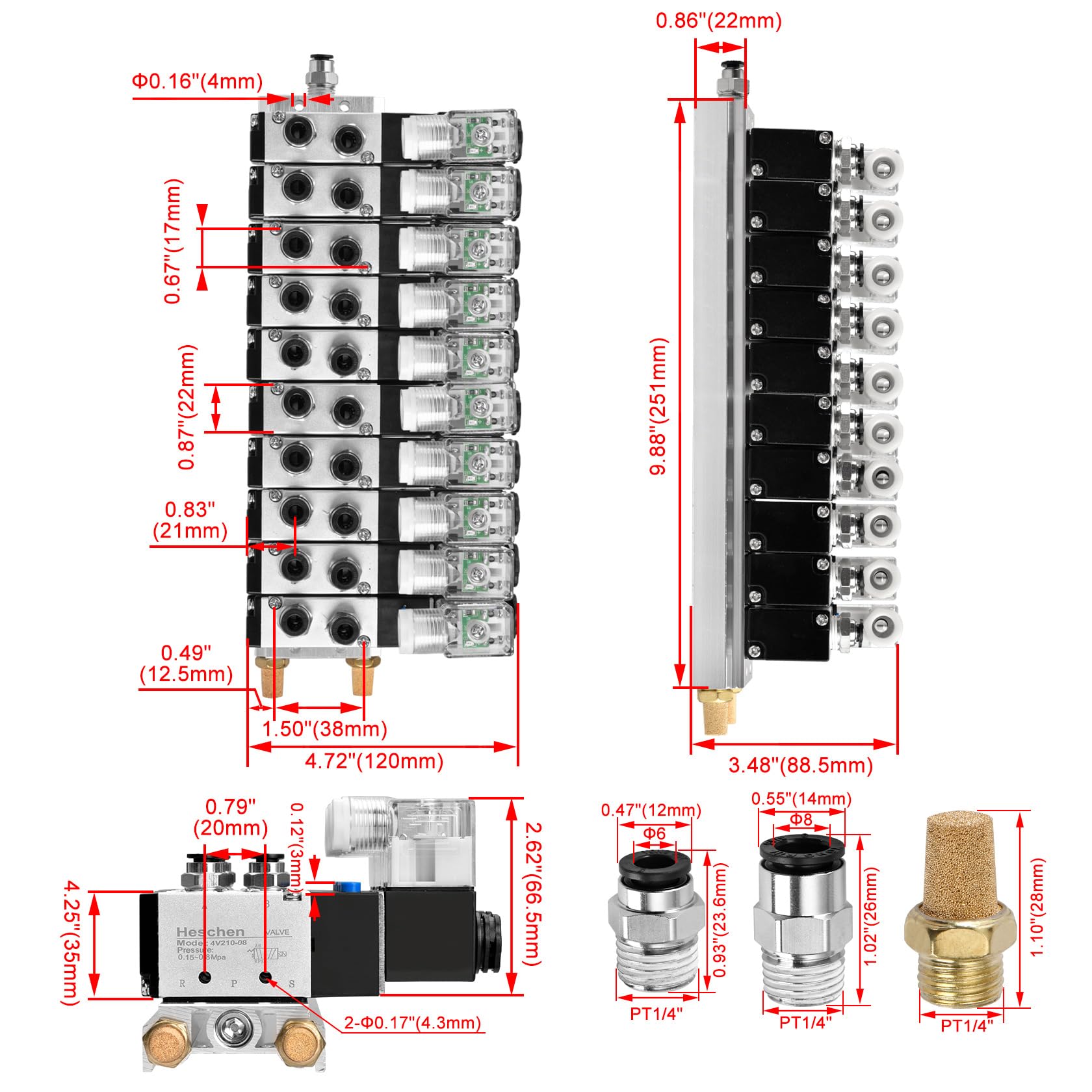 Heschen Válvula solenoide de colector de 10 espacios, 4V210-08, 24VAC, puerto PT1/4 pulgadas, 5 vías 2 posiciones, con silenciador base juego de accesorios rápidos