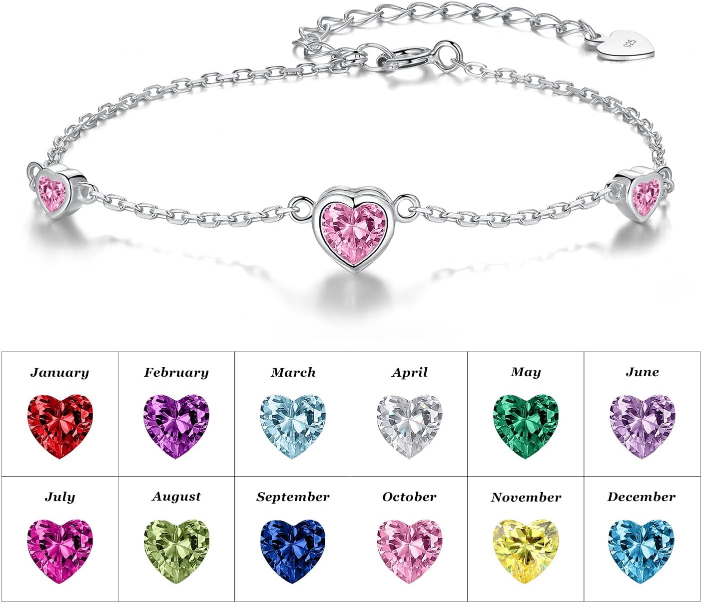 925 Sterling Silver Birthstone Bracelet for Women - Pretty Adjustable Heart Infinity Charm bracelets for Mother Daughter Sisters Bestie - Mother's Day Christmas Anniversary Birthday Gift Jewelry - Image 4