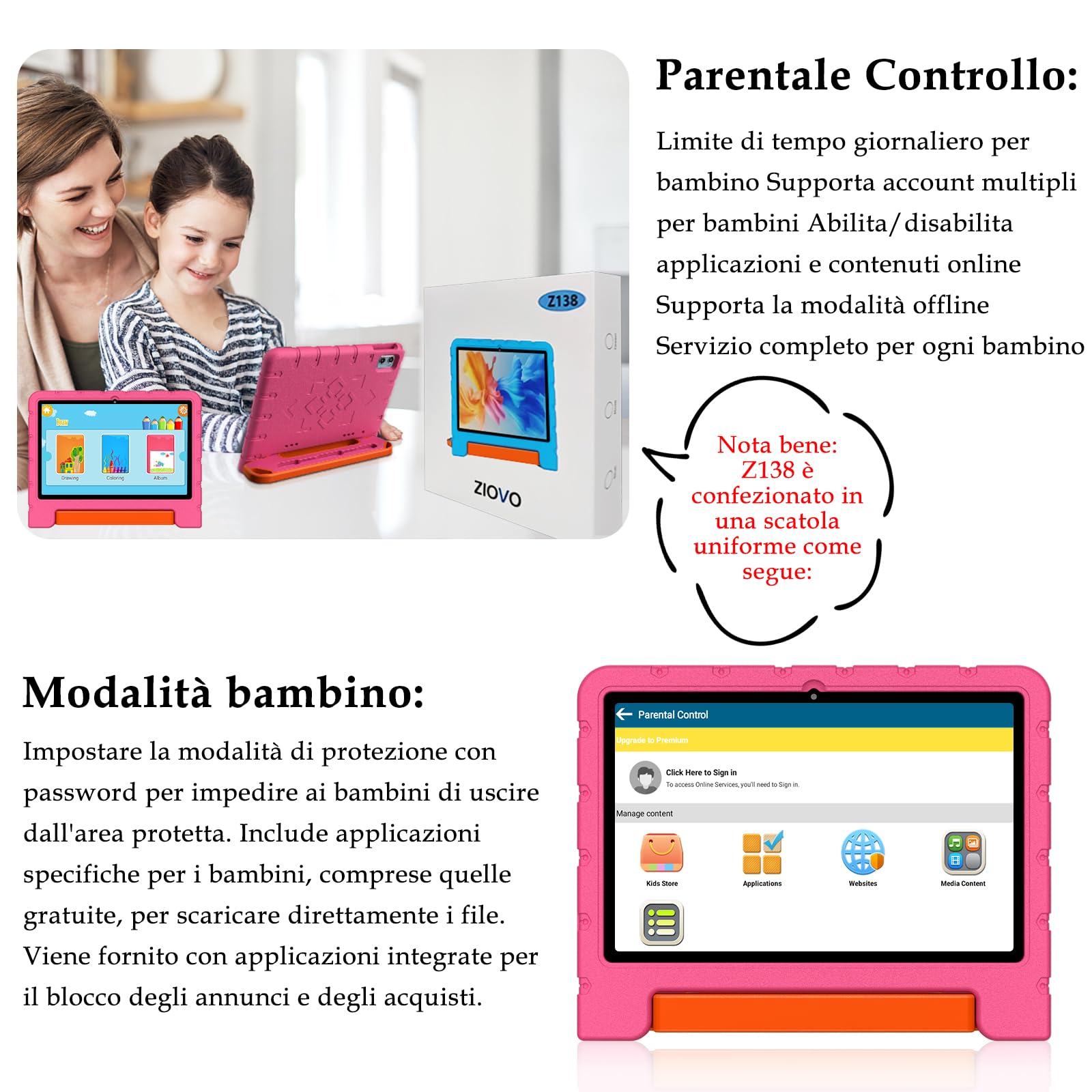 ZIOVO Tablet Bambini Android 14 Tablet 10 Pollici, 20GB RAM+128GB ROM(TF 1TB),WiFi 6 Tablets, Widevine L1/Octa-Core/BT 5.0/8+5 MP/6000mAh/Tablet per Bambini,Tablets con EVA Caso - Rosa