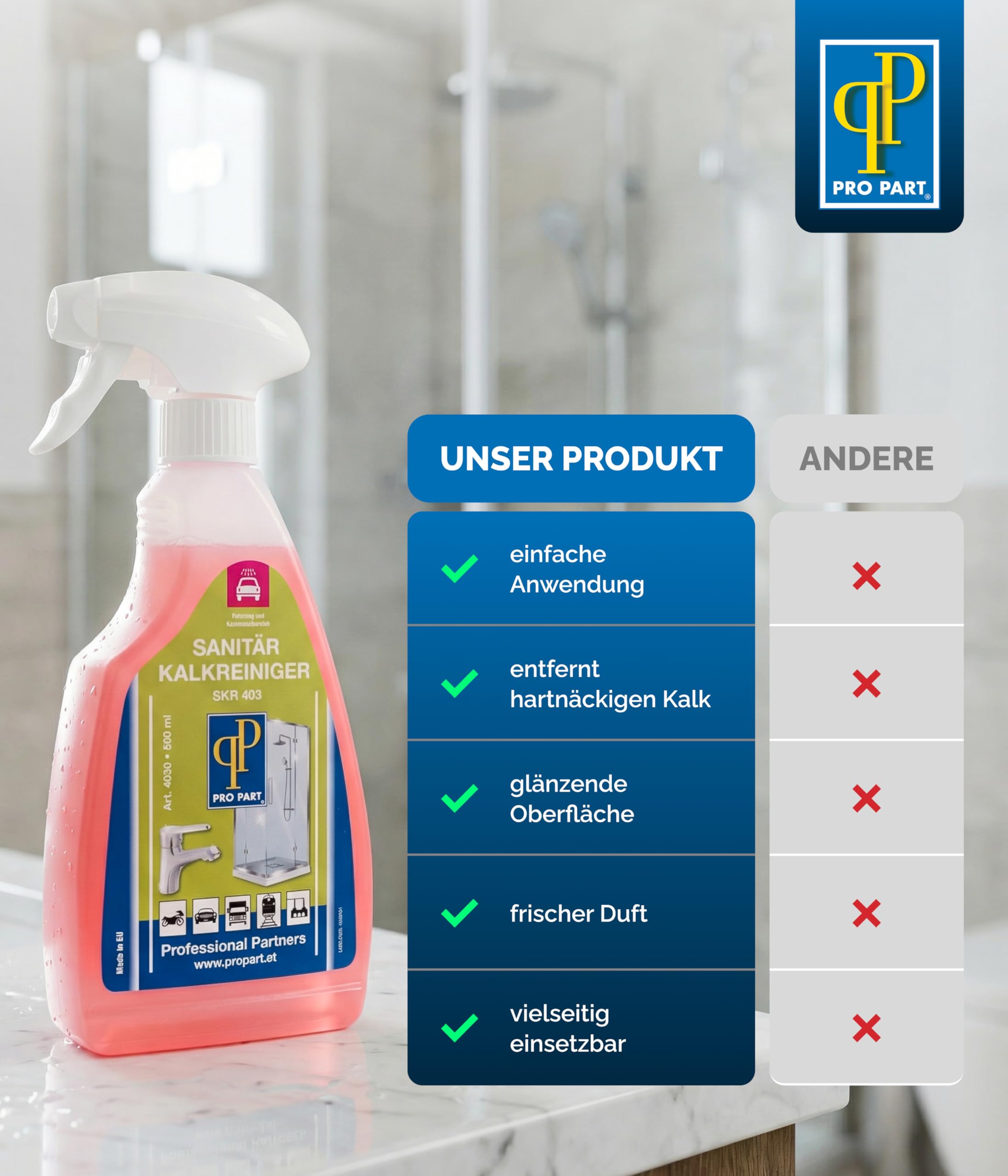Pro Part® Sanitär Kalkreiniger SKR 403 – 4 x 500 ml – Extra starker Kalkentferner fürs Bad, schonend zu Oberflächen – Ideal für senkrechte Flächen, entfernt hartnäckigen Kalk, Made in EU