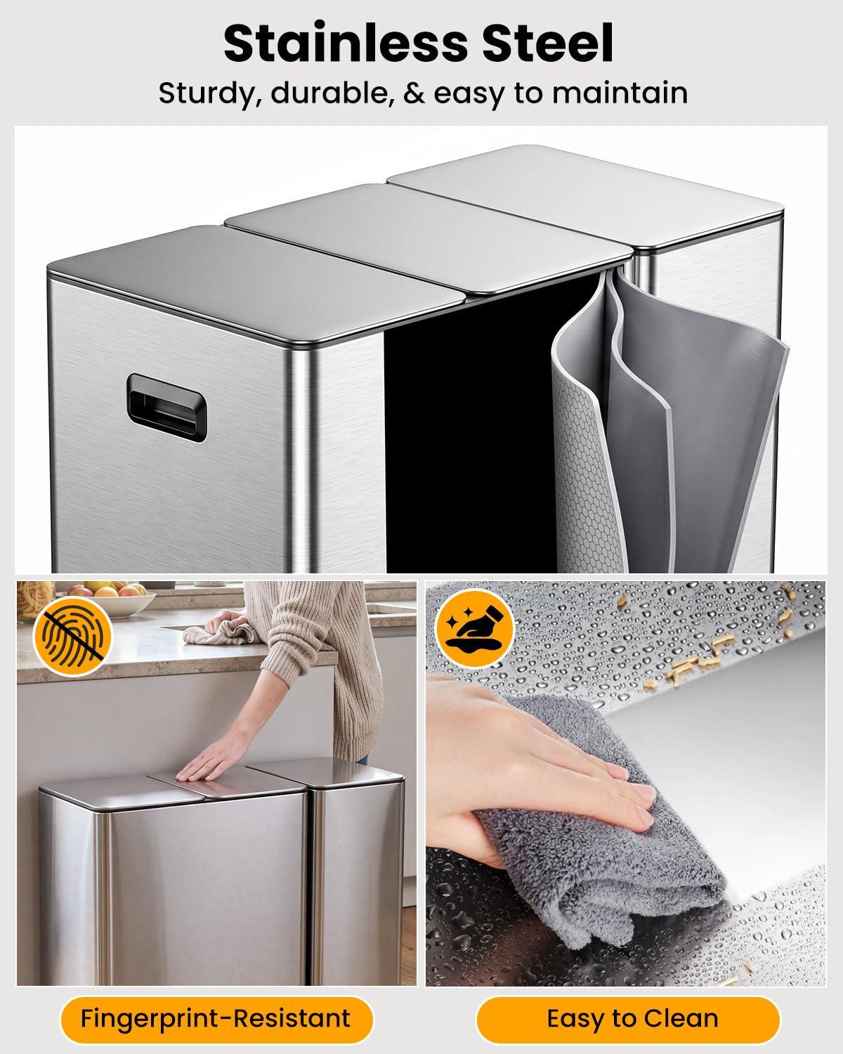 YEAUPE PRO Cubo de basura de cocina de 20 + 40 litros, cubo de basura de 3 compartimentos para reciclaje y residuos, tapas de cierre suave, pedales, cubos interiores, cubo de basura con pedal de acero