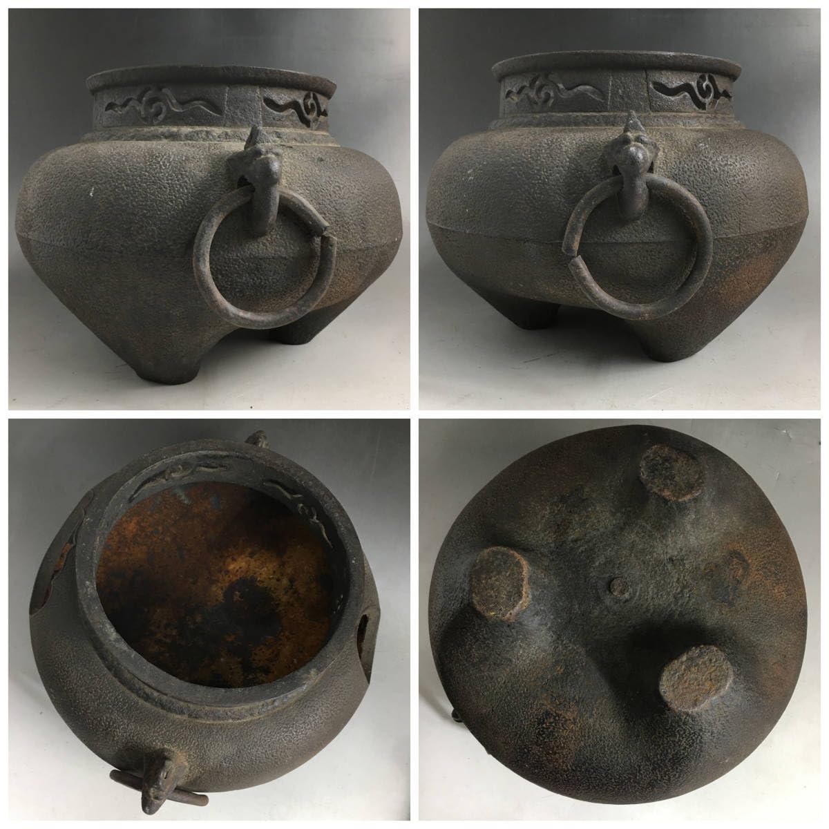 Amazon.co.jp: ut1848あじろ鉄銅蓋梅摘鬼面風炉釜茶釜茶道具鉄製鉄器銅